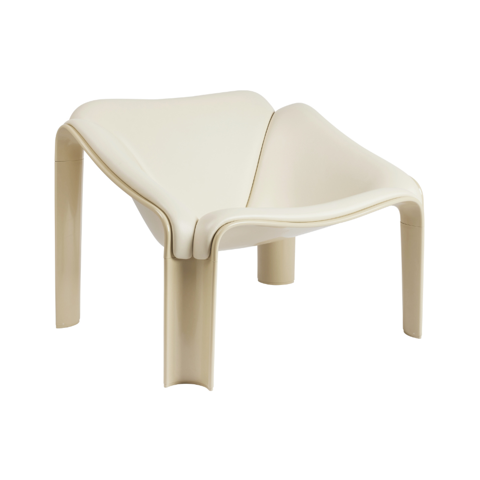 Sessel F300 in weißem Leder mit cremefarbenem Gestell