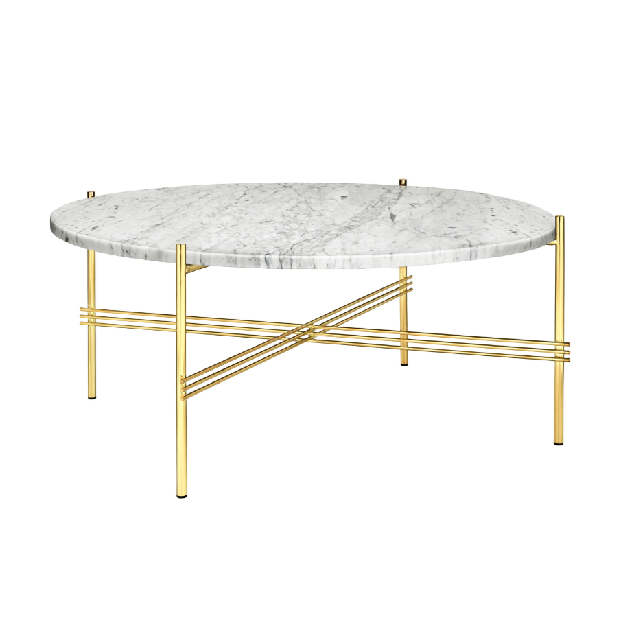 Runder Couchtisch TS mit weißer Marmorplatte und goldenem Gestell