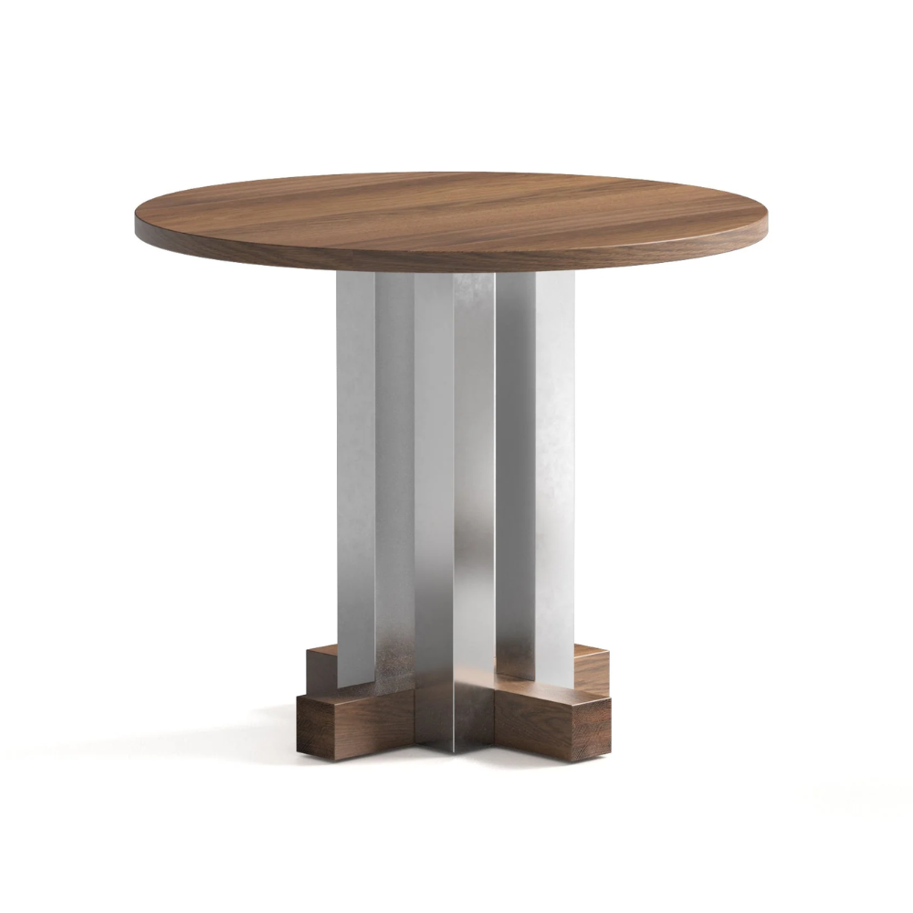 Runder Tisch CRUZ aus Aluminium mit dunklem Eichenholz