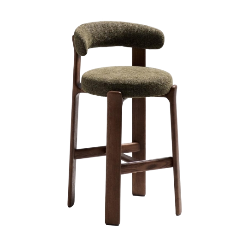 GRANITE grüner Chenille-Hocker mit dunklem Eschenholzgestell
