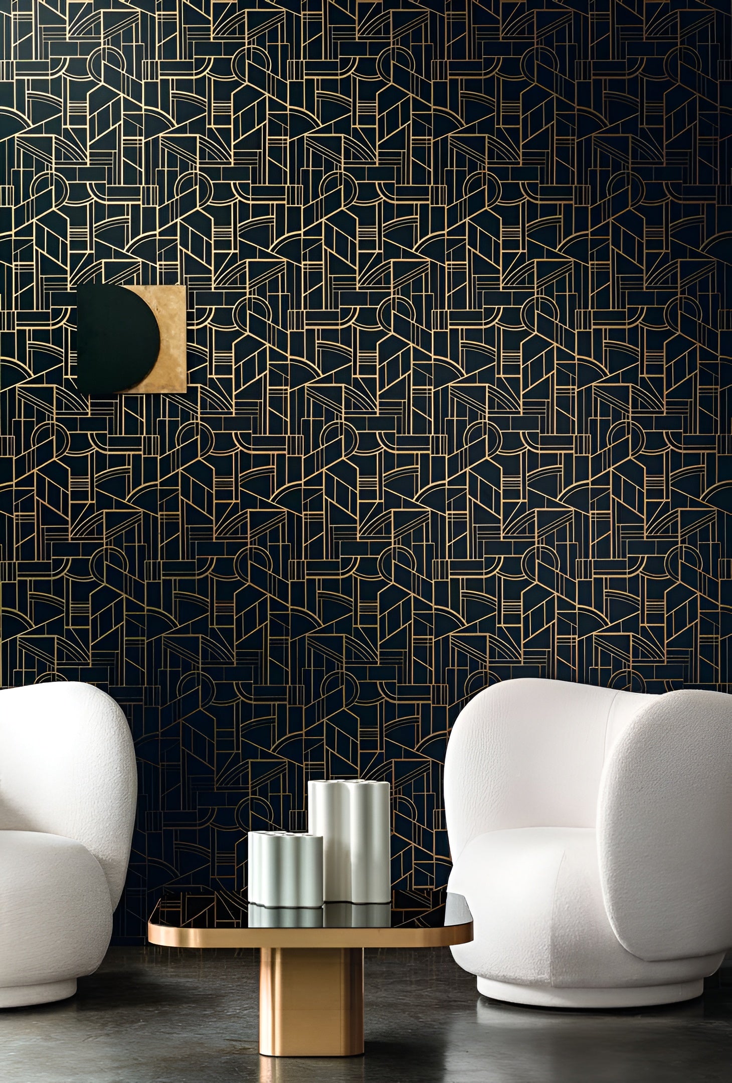 Metallic textile wallpaper with an Art Deco geometric pattern REIMS - TERRE DE SIENNE terracotta with gold