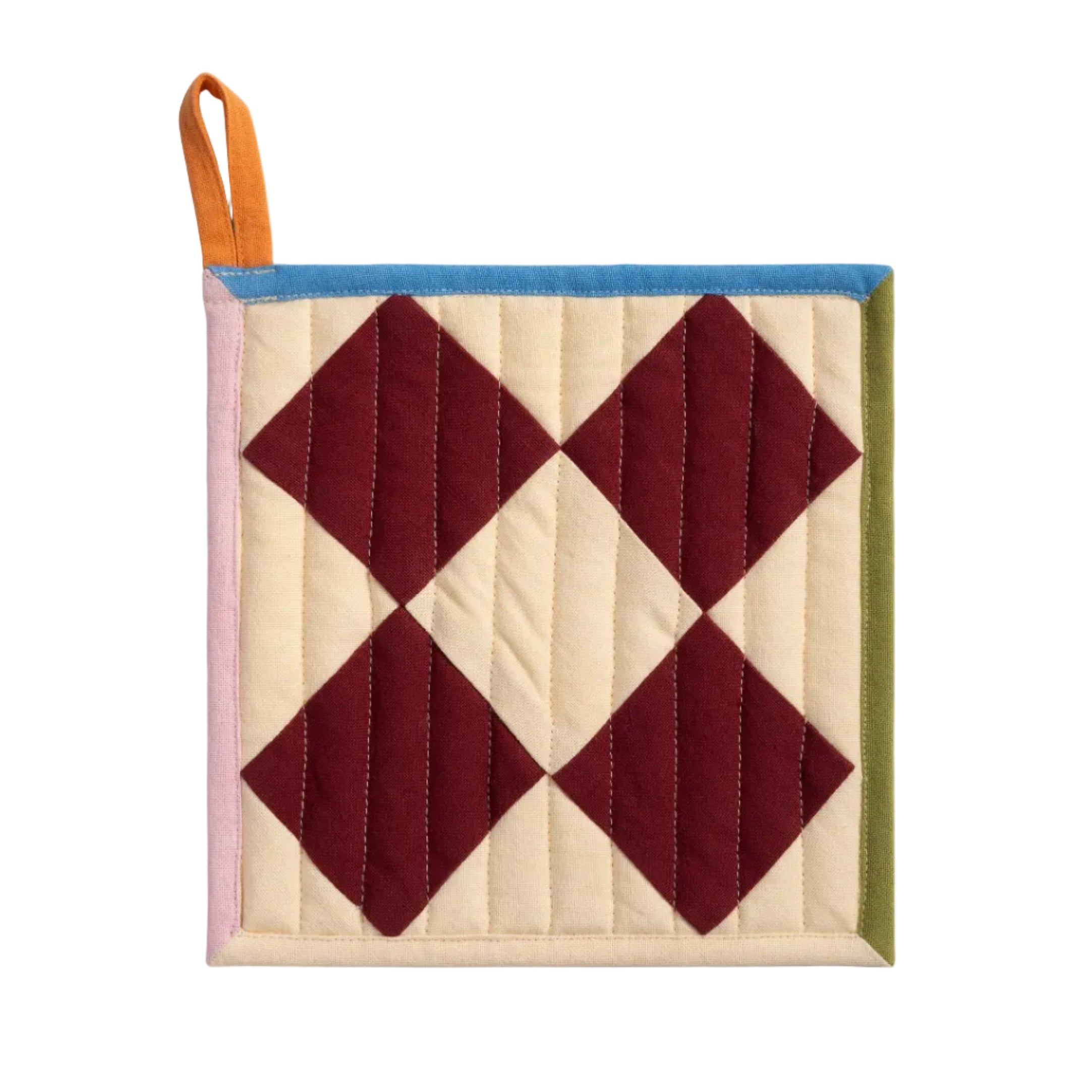 STITCH CHECK kitchen mitt in burgundy with beige and orange