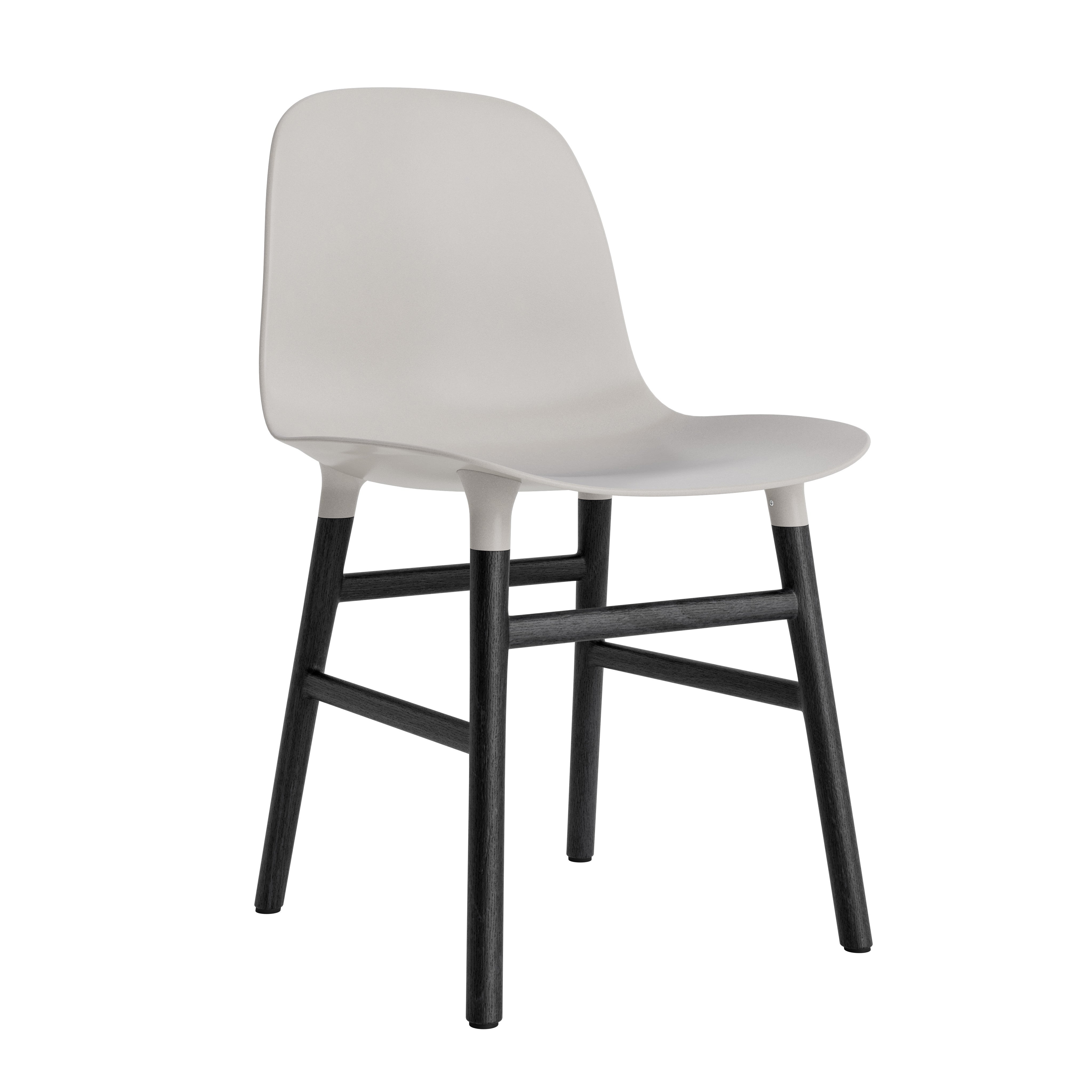 A chair of forms warm gray with a black oak base