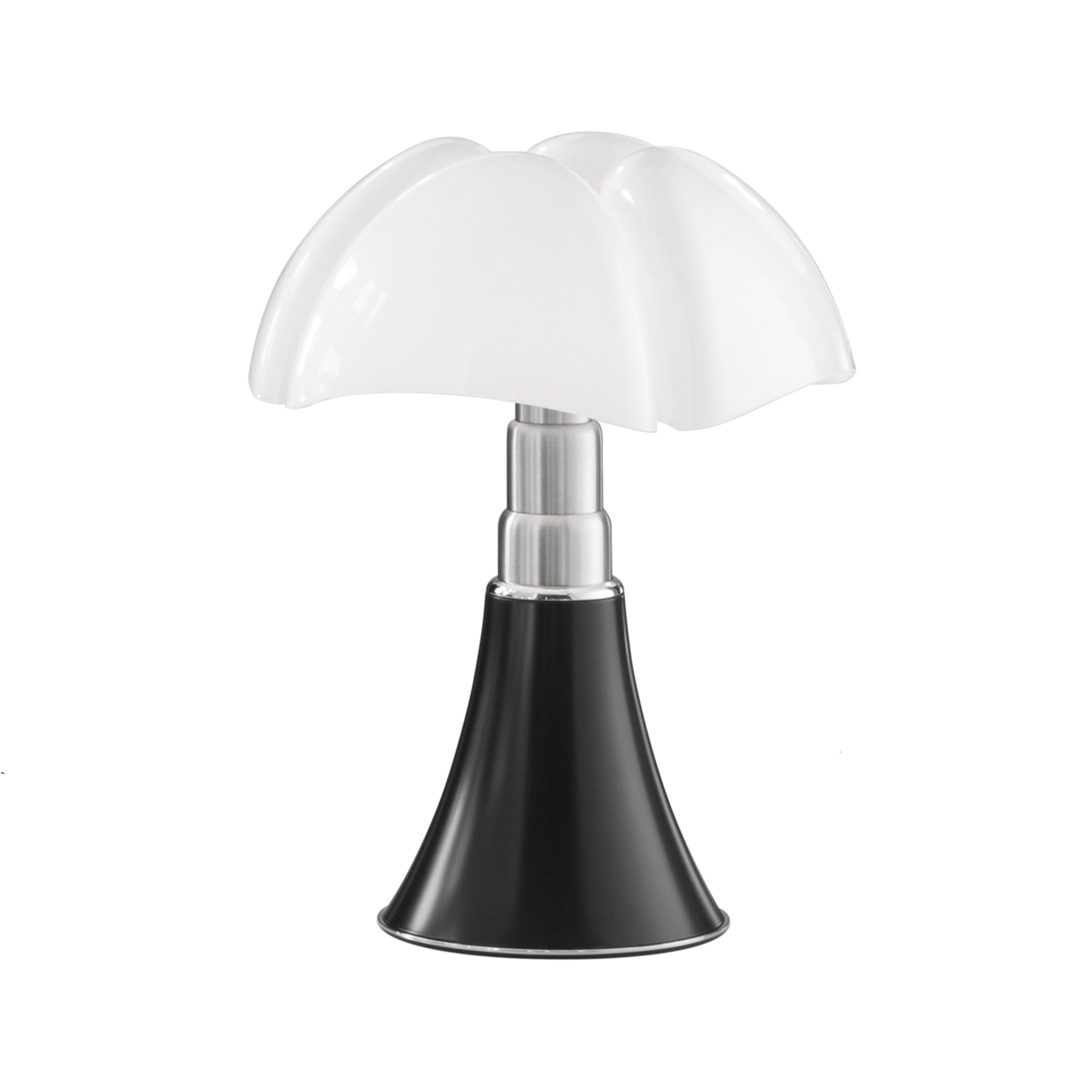 Tischlampe MINIPIPISTRELLO mit opalisiertem Schirm und schwarzem Fuß