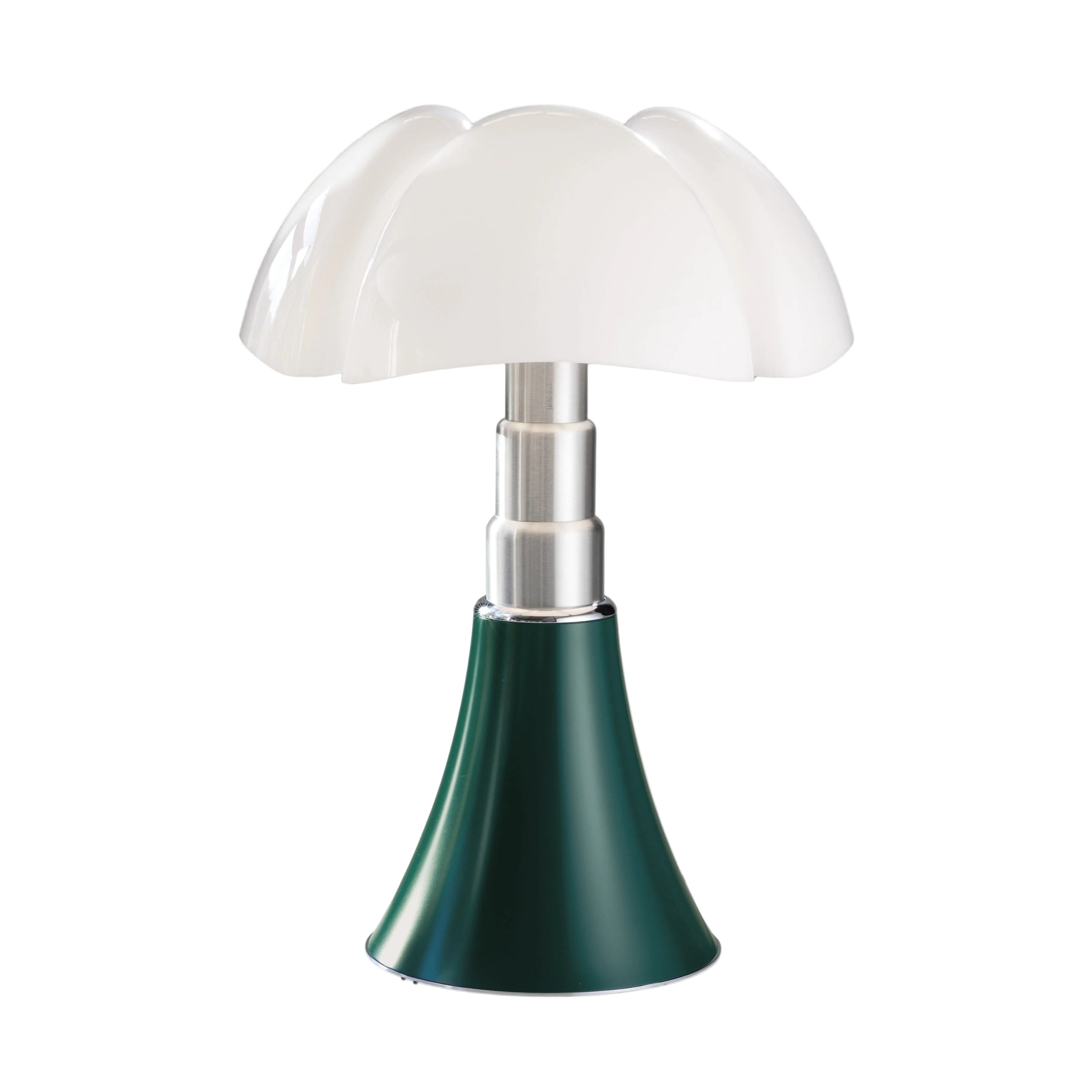 Tischlampe PIPISTRELLO MEDIUM mit opalinem Schirm und dunkelgrünem Fuß