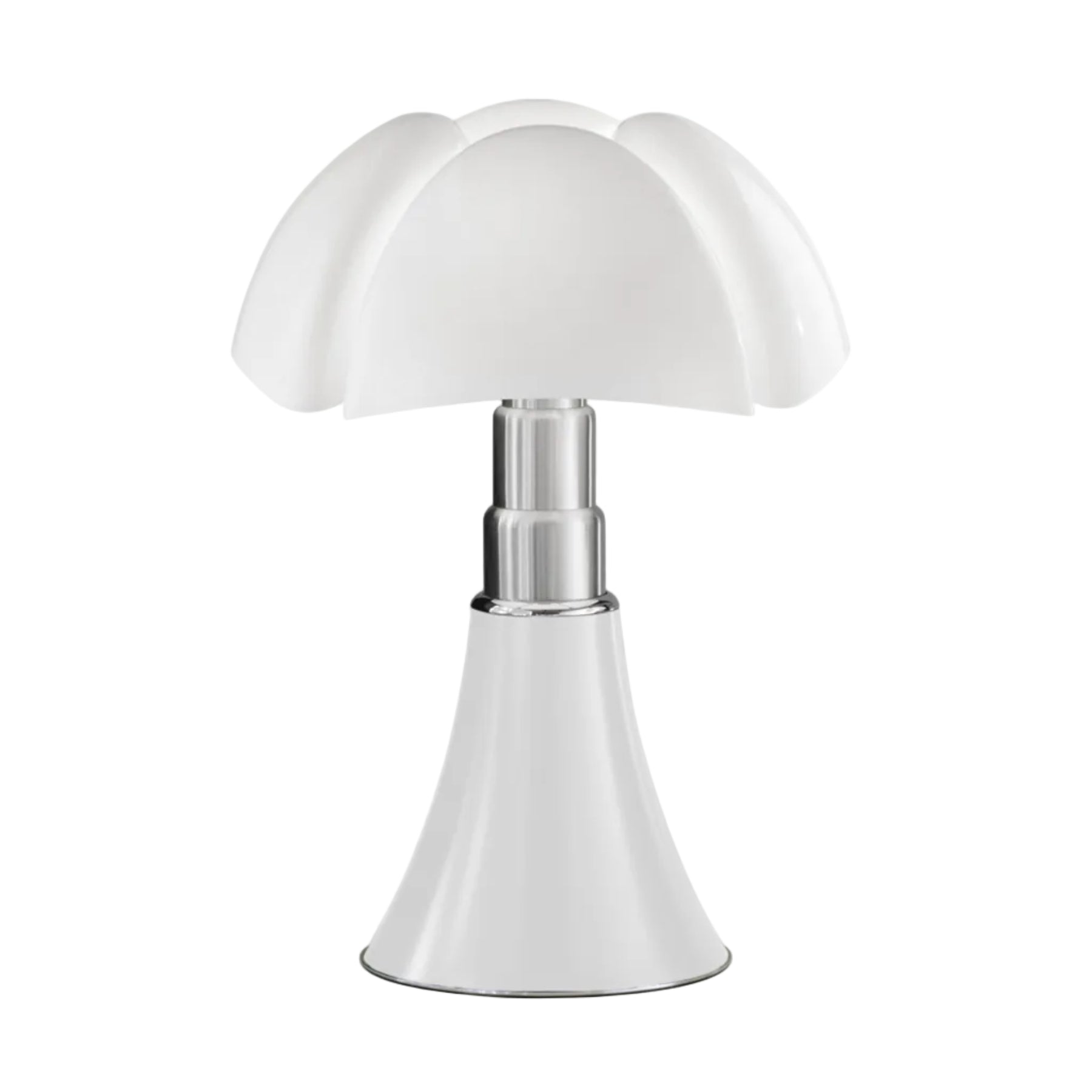 Tischlampe PIPISTRELLO MEDIUM mit opalisiertem Schirm und weißem Fuß