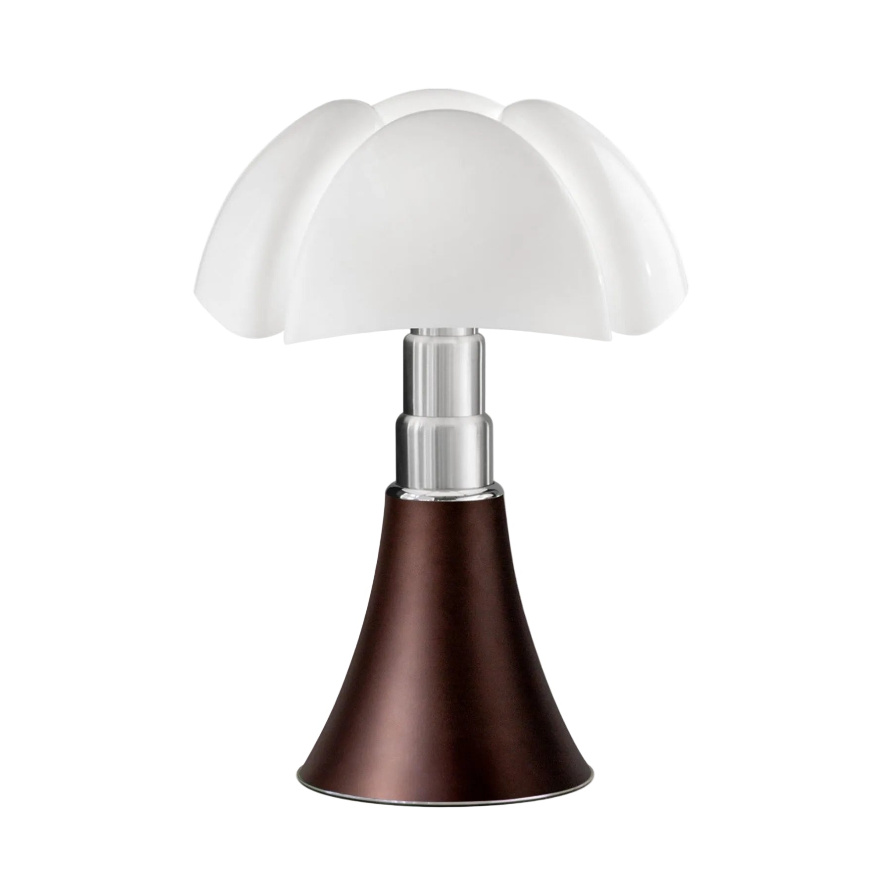 Tischlampe PIPISTRELLO MEDIUM mit opalem Schirm und mattem braunem Fuß
