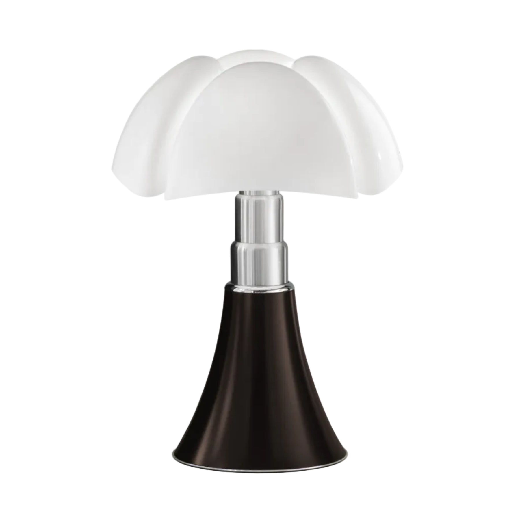 Tischlampe PIPISTRELLO MEDIUM mit opalisiertem Schirm und braunem Fuß