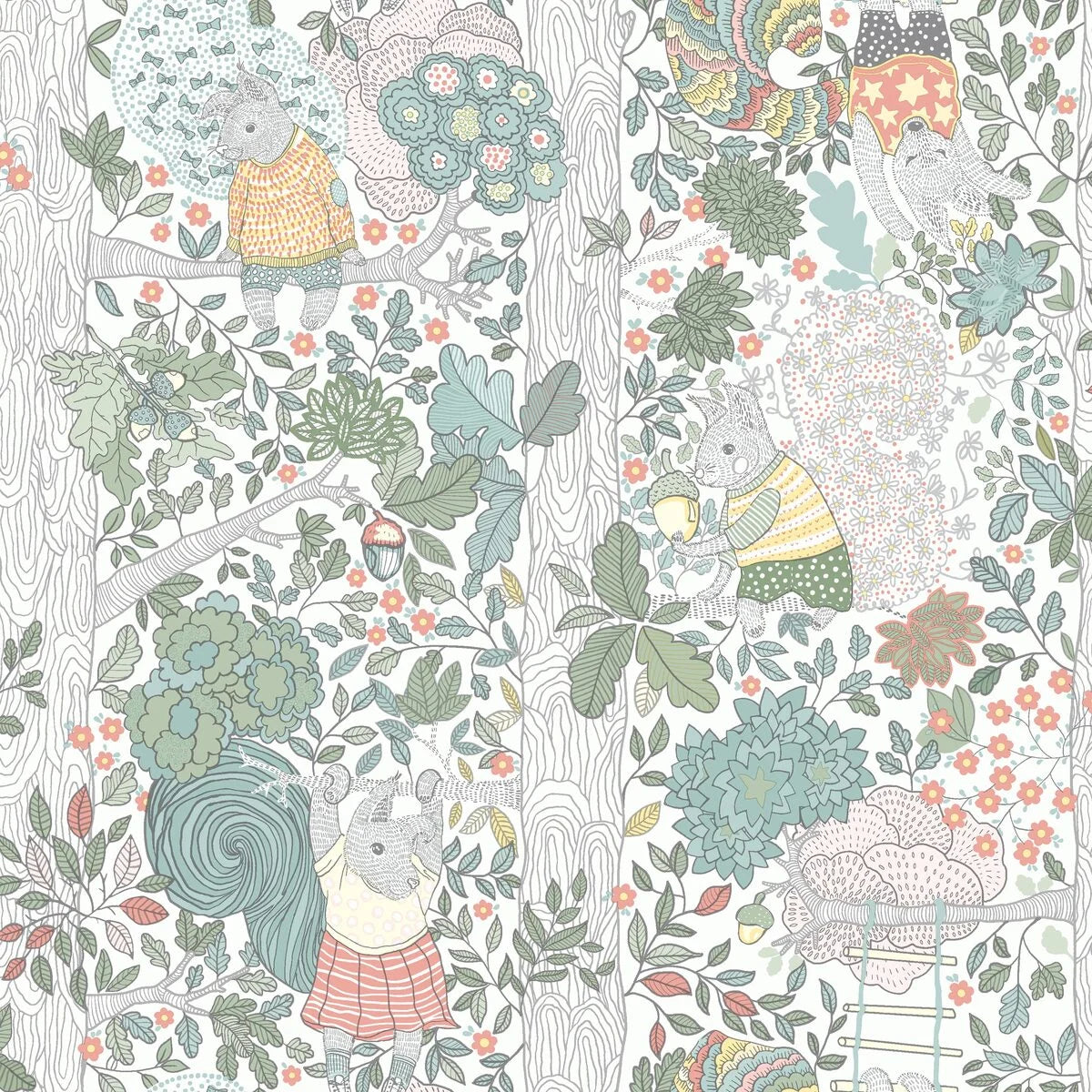 Children's wallpaper with a fairy tale forest theme CHARLIE white with green