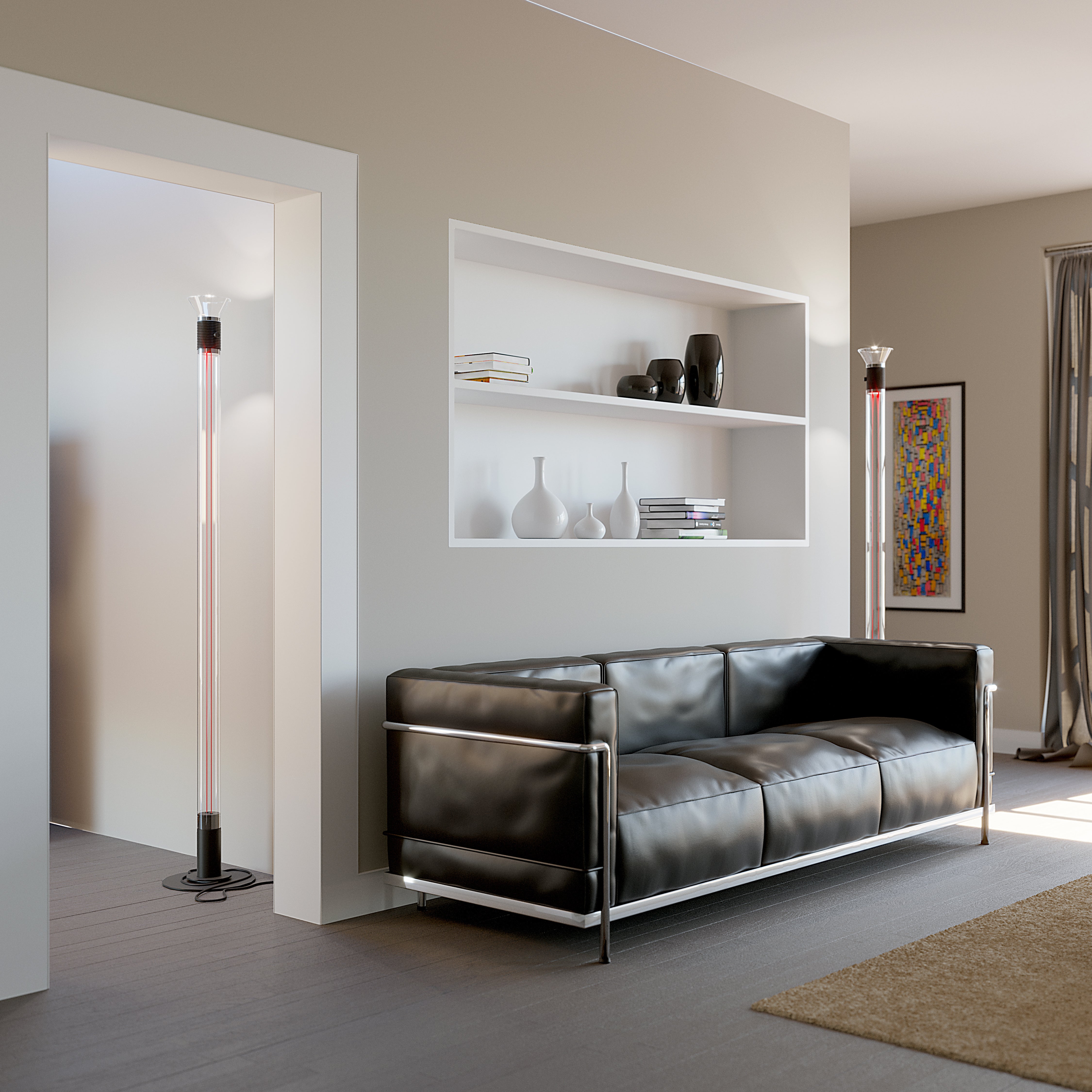Stehlampe DIA transparent mit matten braunen Elementen