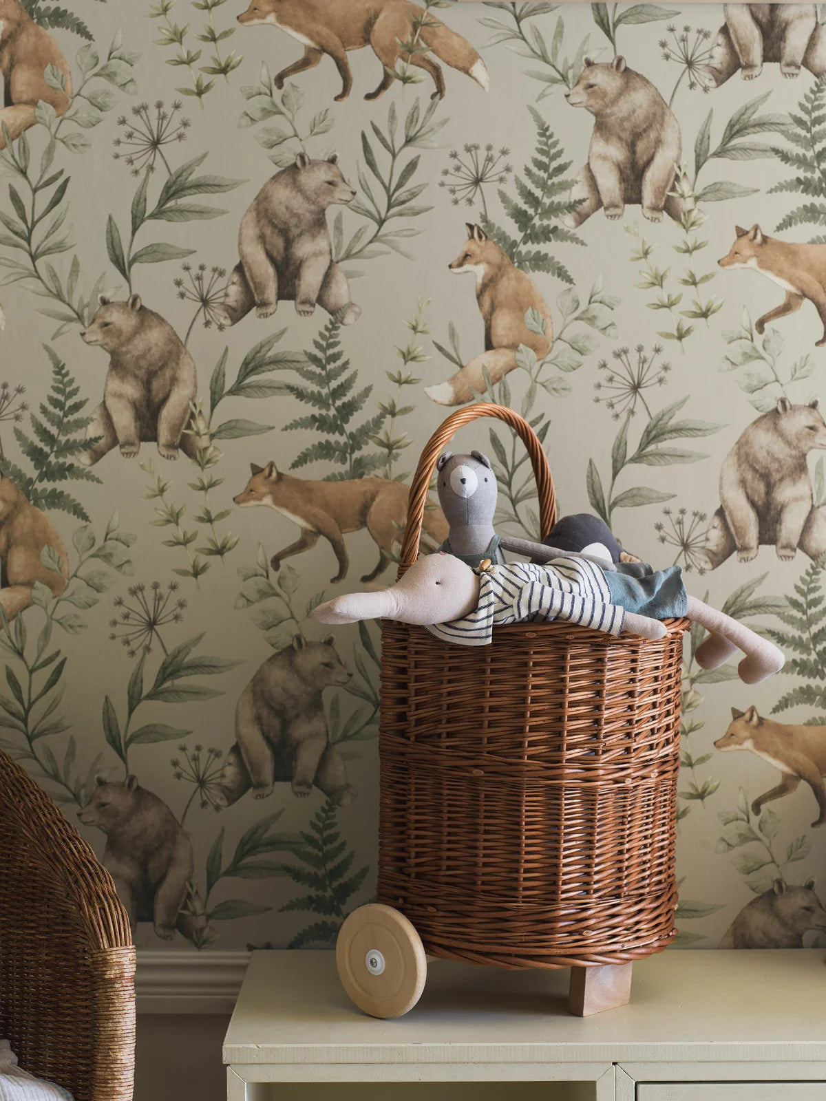 Wild Forest Beige Children's Wallpaper with Plant and Animal Motif