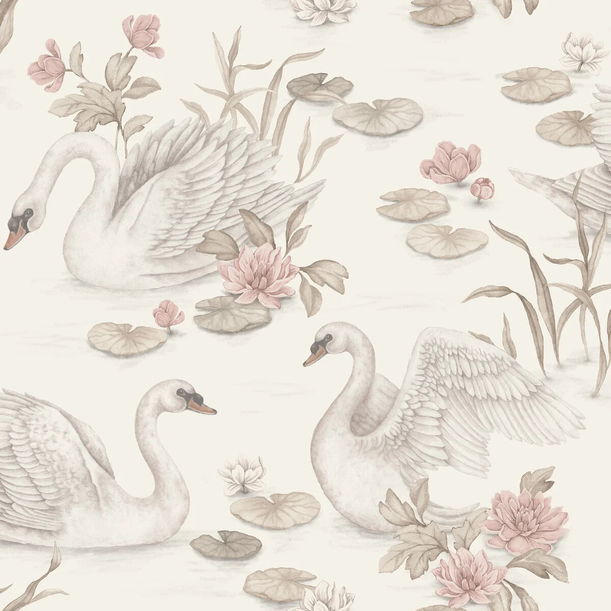 Children's wallpaper with a floral and animal motif LILY SWAN cream