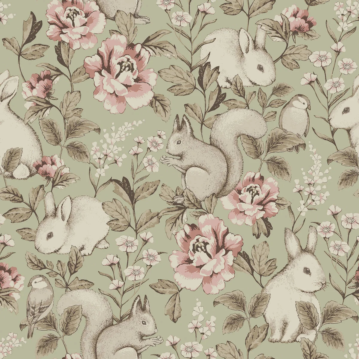 Children's wallpaper with a plant and animal theme MAGIC FOREST light green