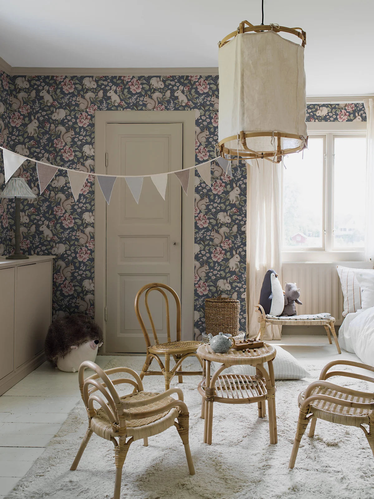 Children's wallpaper with a plant and animal theme MAGIC FOREST navy blue