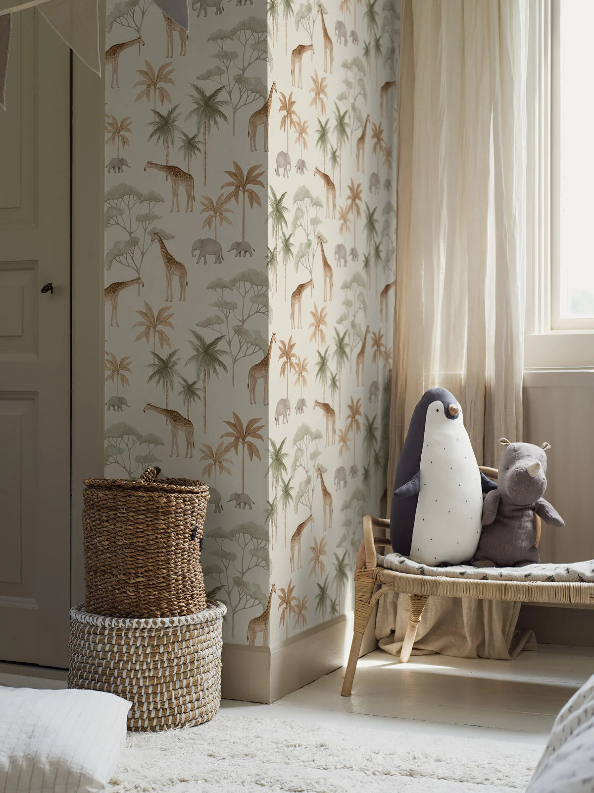 Savannah Cream Children's Wallpaper with Plant and Animal Motif