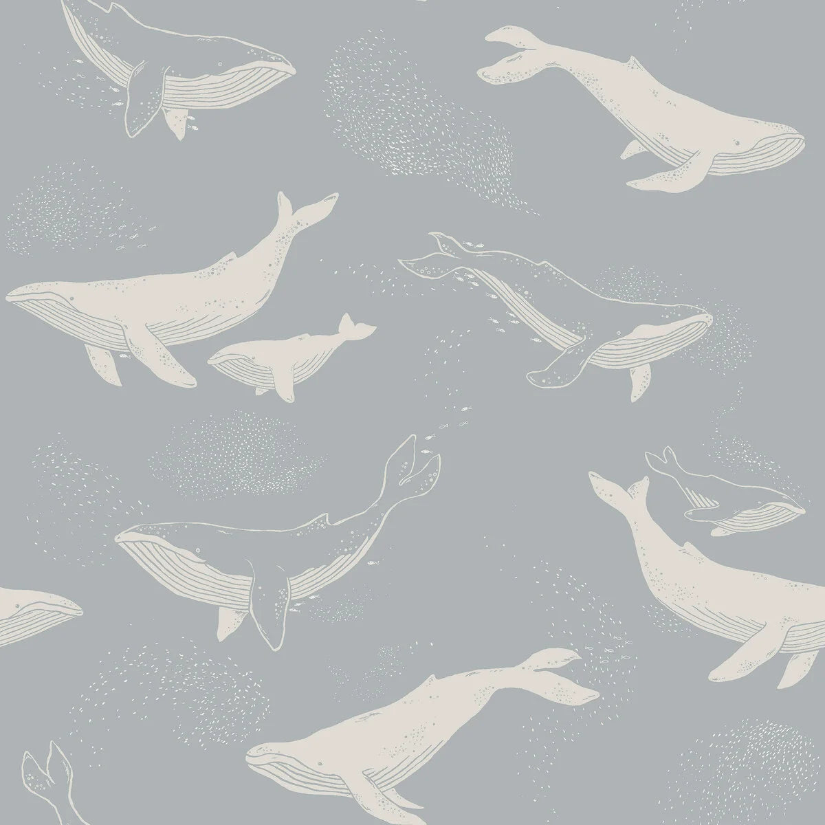 Children's wallpaper with a whale animal motif in blue and white