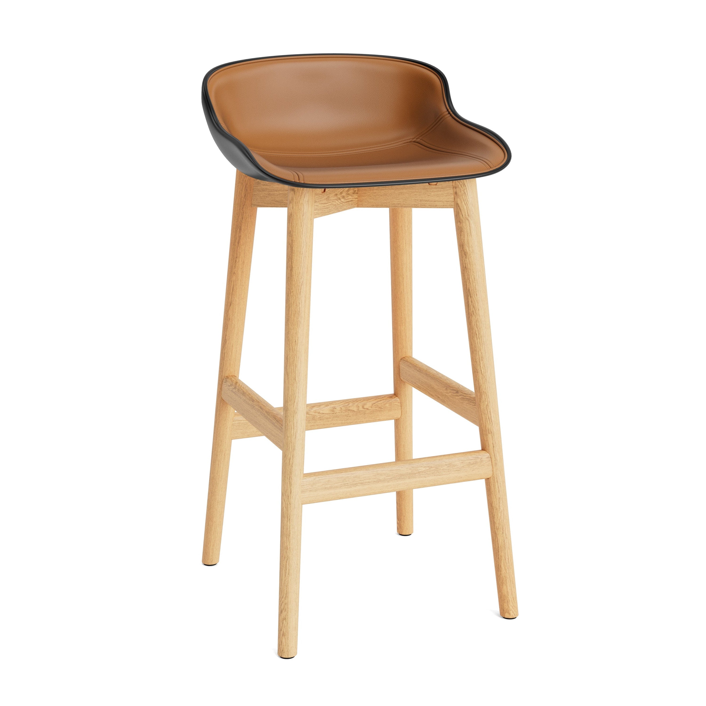 Black upholstered bar chair with an oak base
