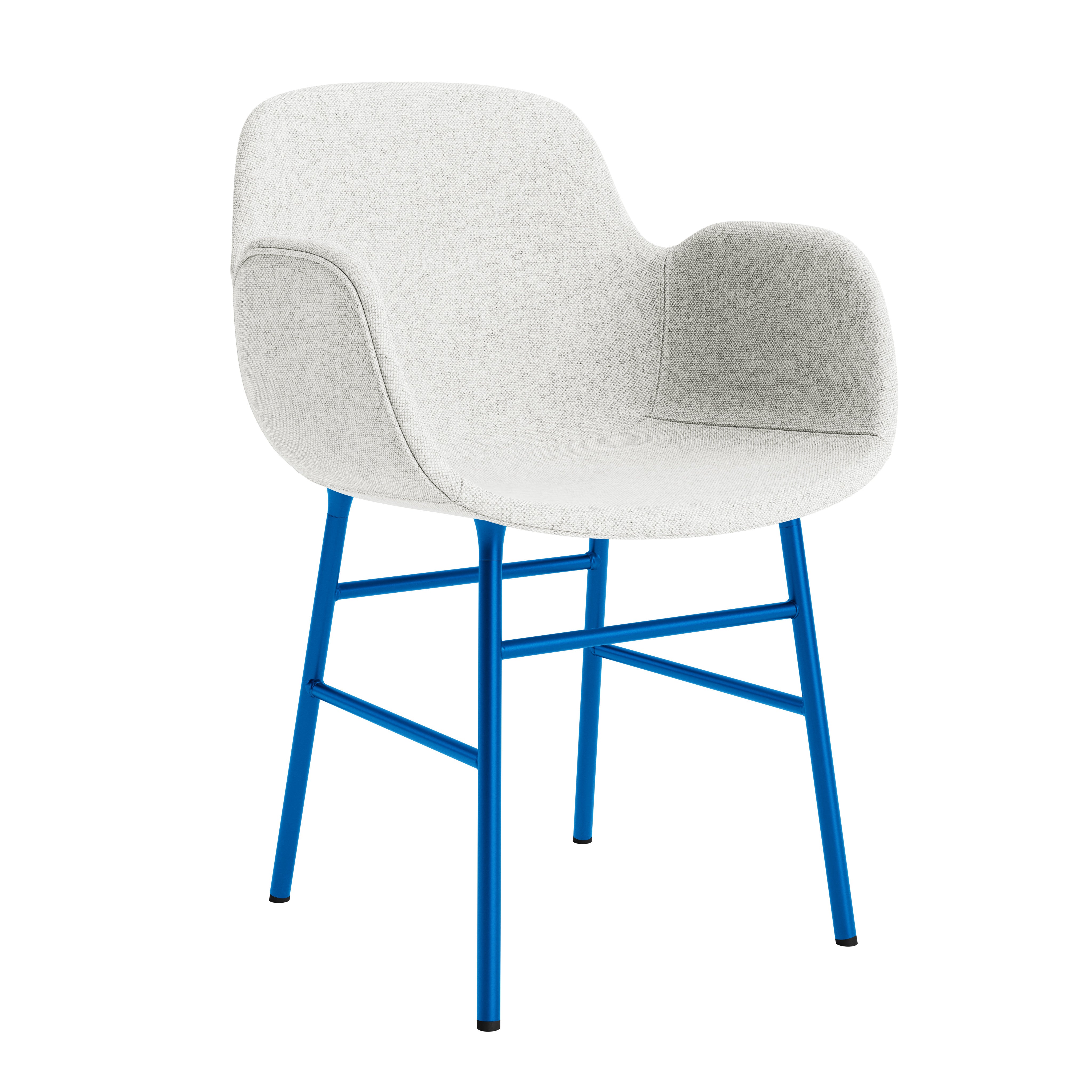 A chair upholstered with armrests of forms with a blue base