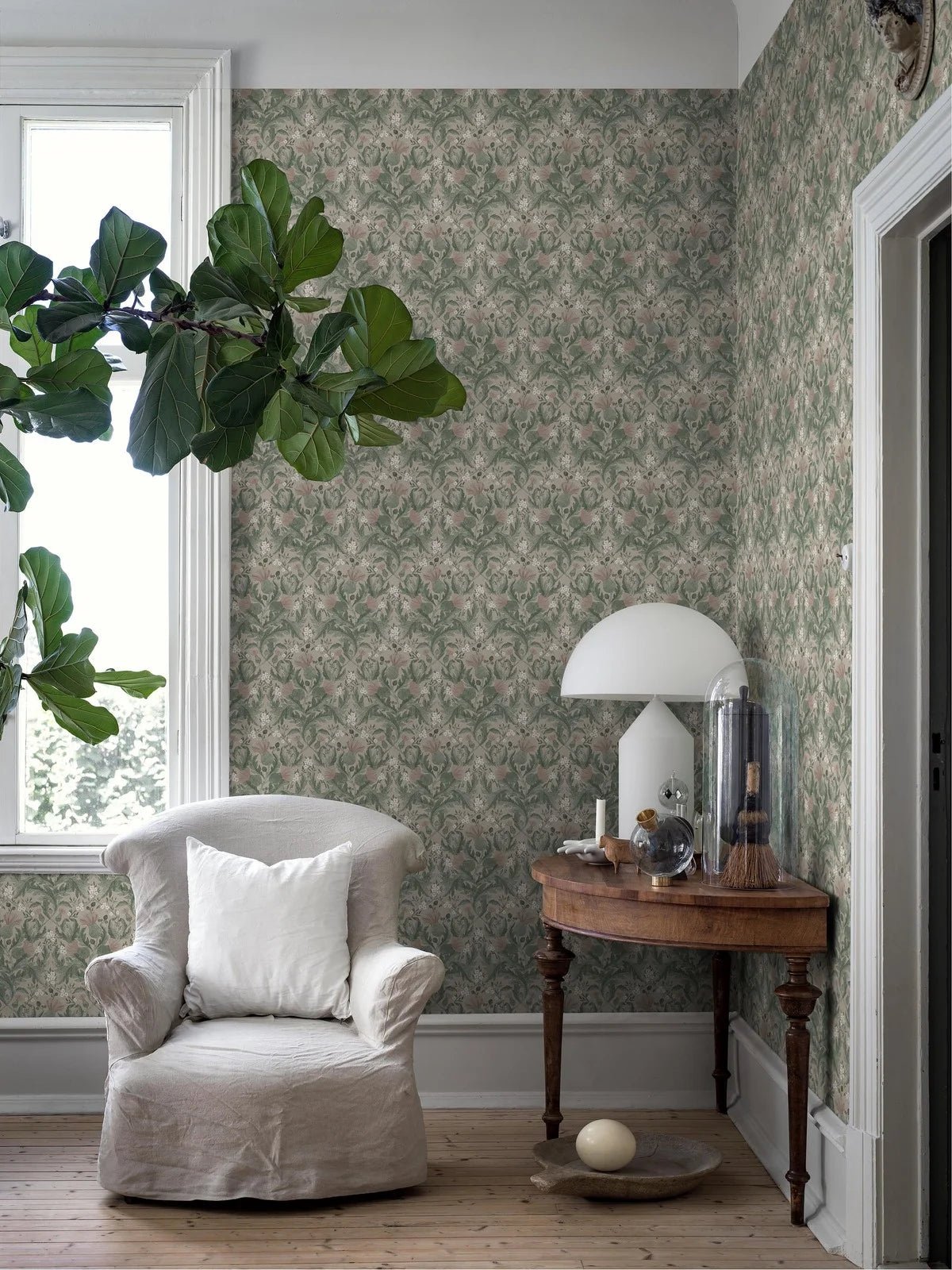 Thistle Plant Pattern Wallpaper in Muted Green with Pink and Beige