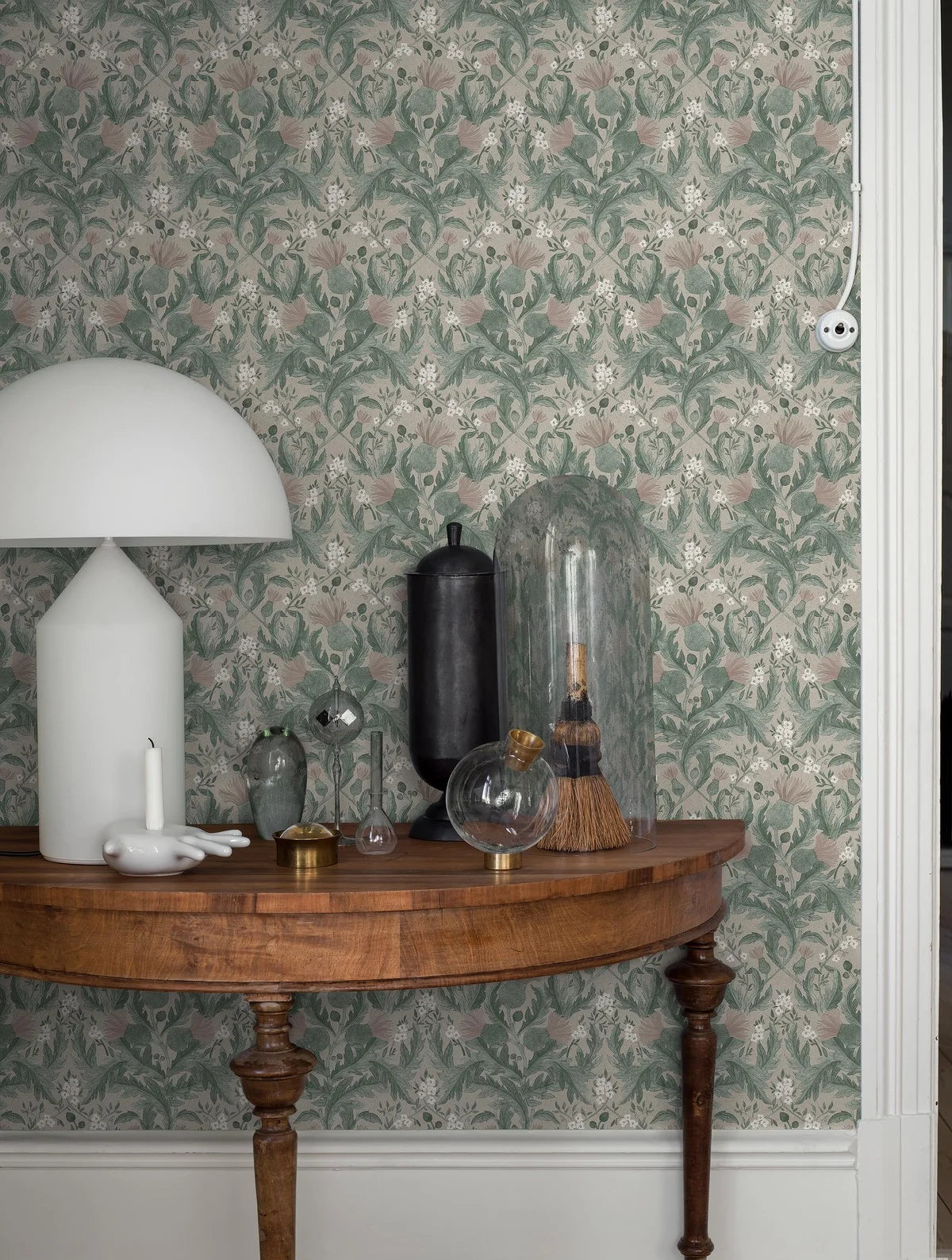 Thistle Plant Pattern Wallpaper in Muted Green with Pink and Beige