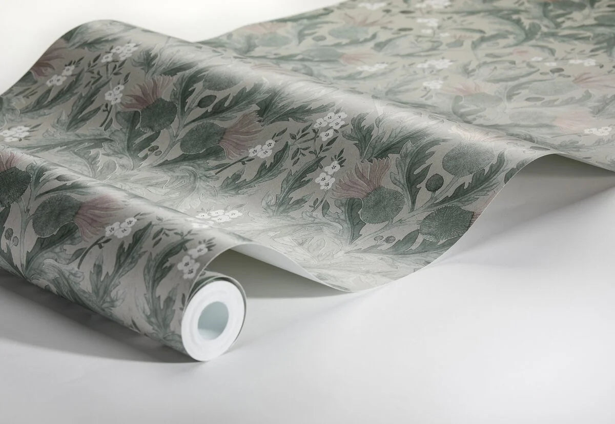 Thistle Plant Pattern Wallpaper in Muted Green with Pink and Beige