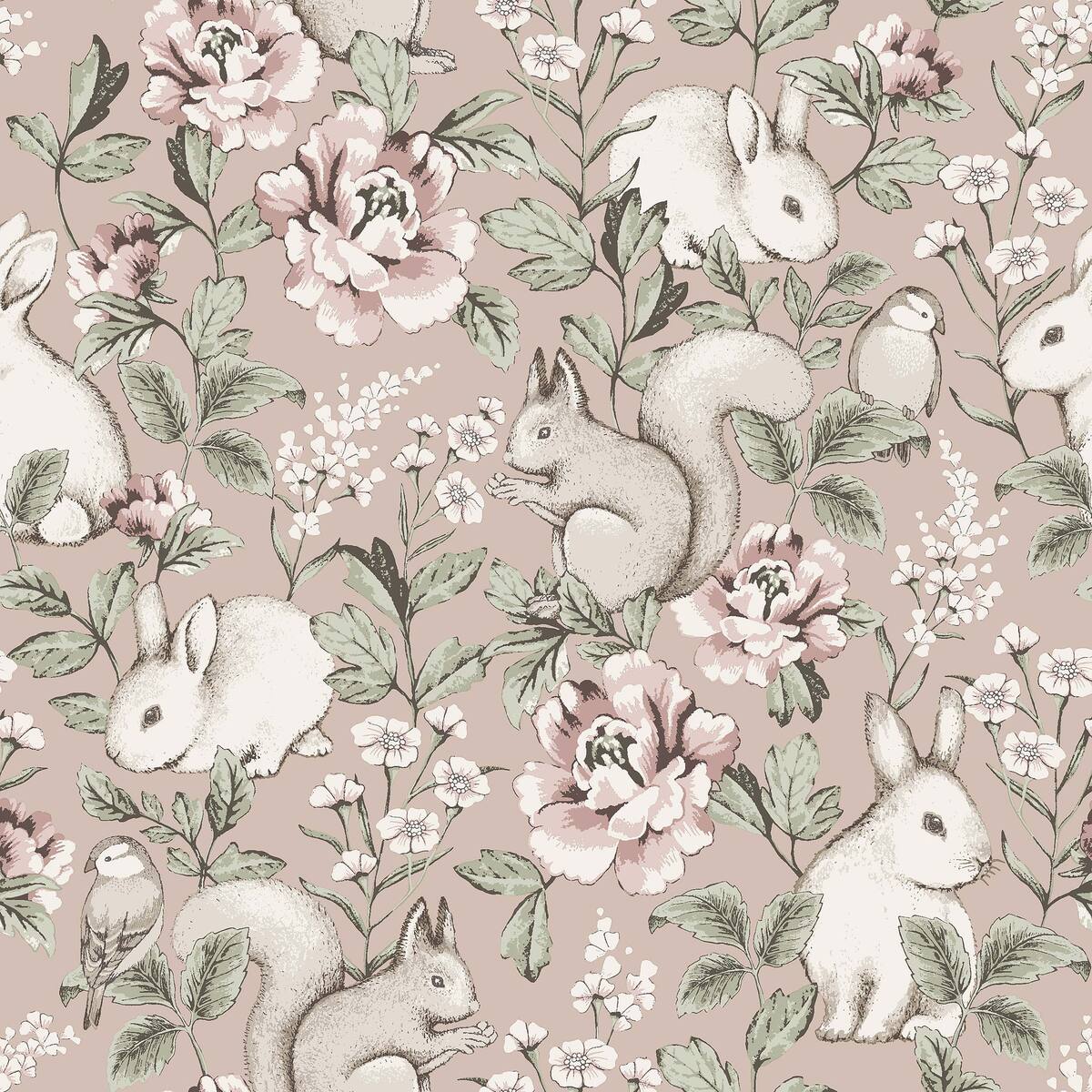Children's wallpaper with a plant and animal theme MAGIC FOREST powder pink