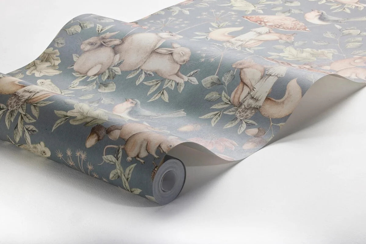 MINOU Children's Wallpaper with Animal Motif in Muted Blue