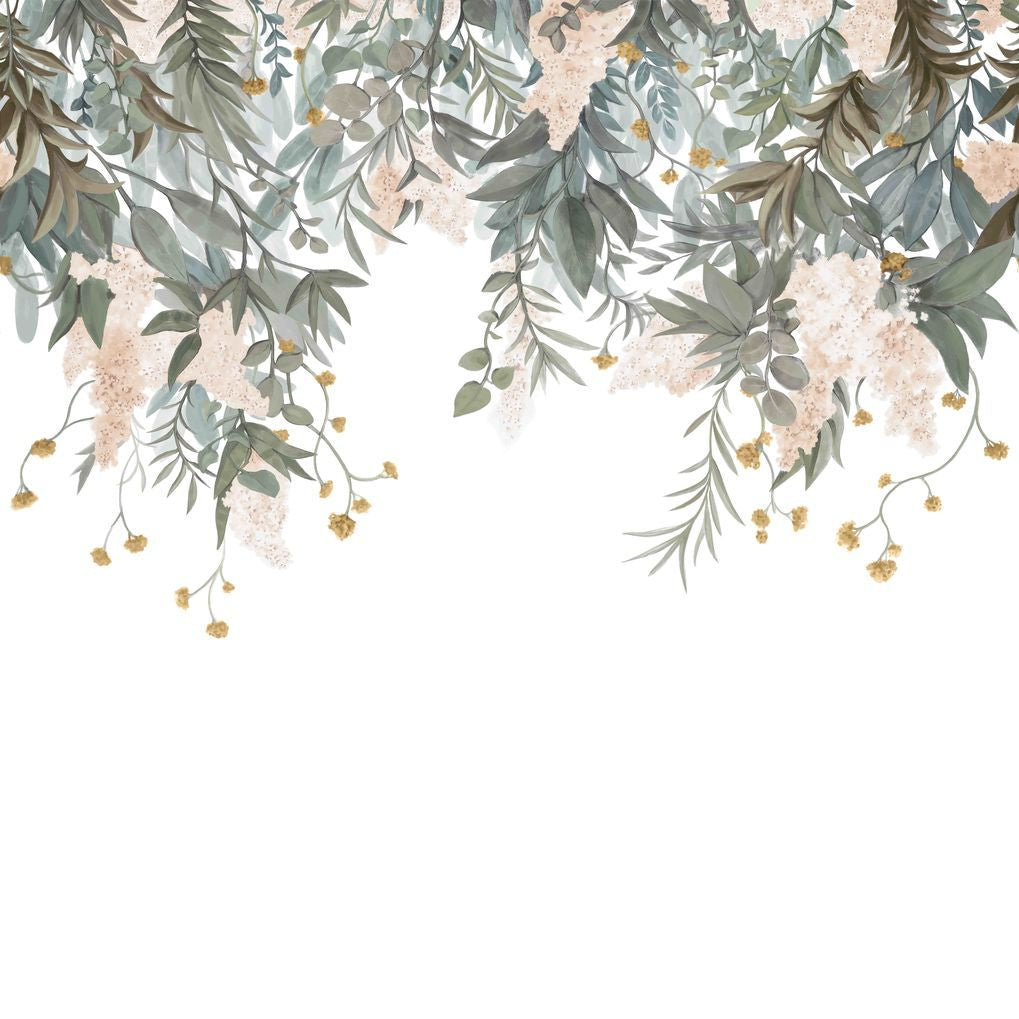 Wisteria Leaf Green and Beige Floral Mural