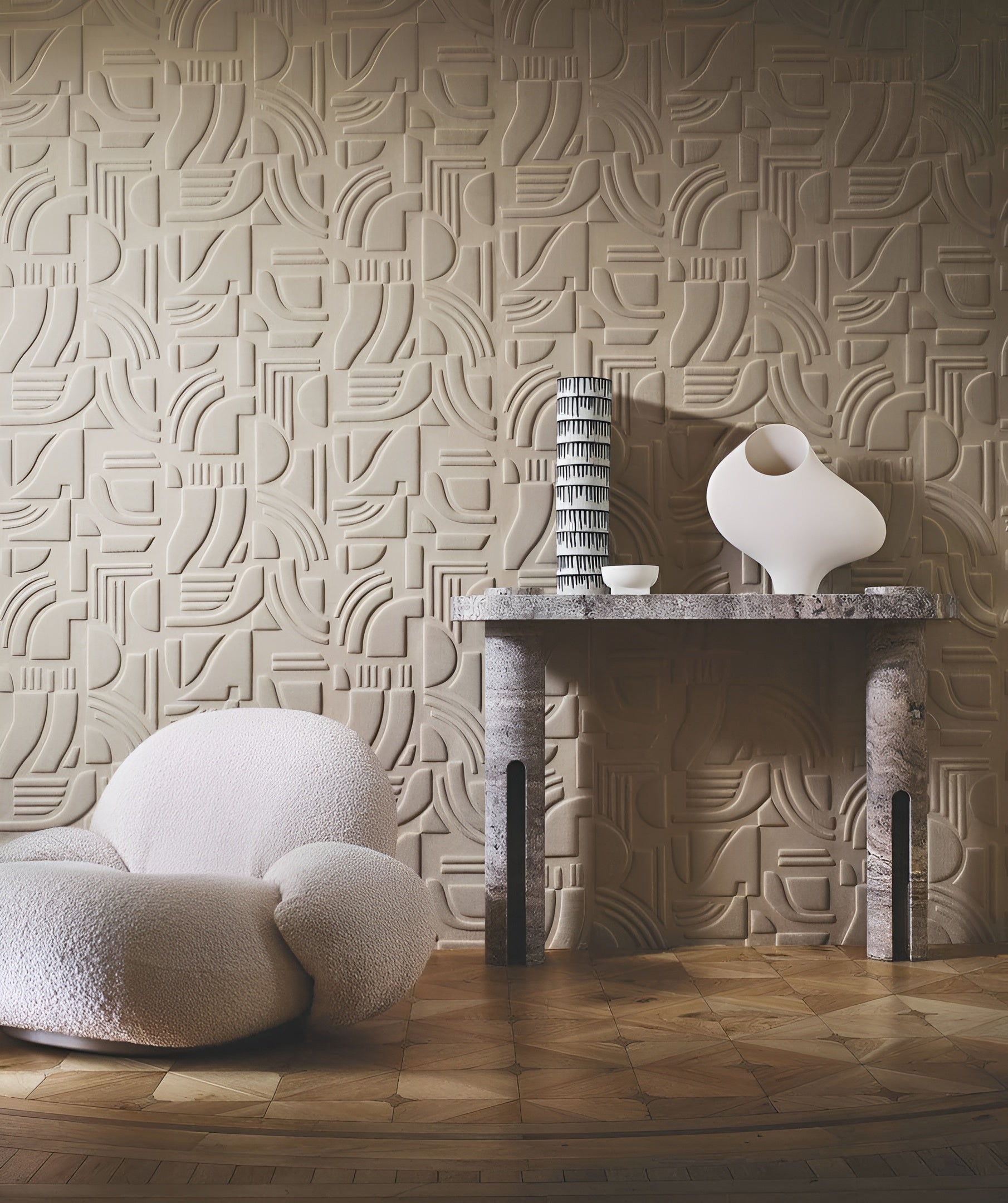 Textile structural wallpaper with geometric pattern LINSOLITE - BLANC white