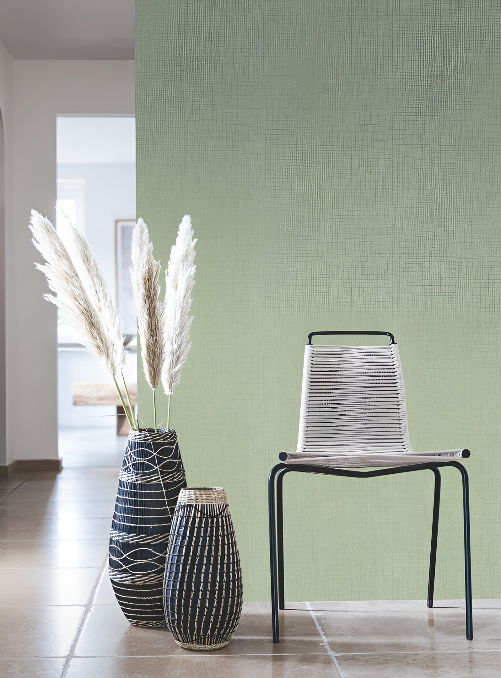 Structural wallpaper resembling linen canvas SHINOK - AMANDE almond green