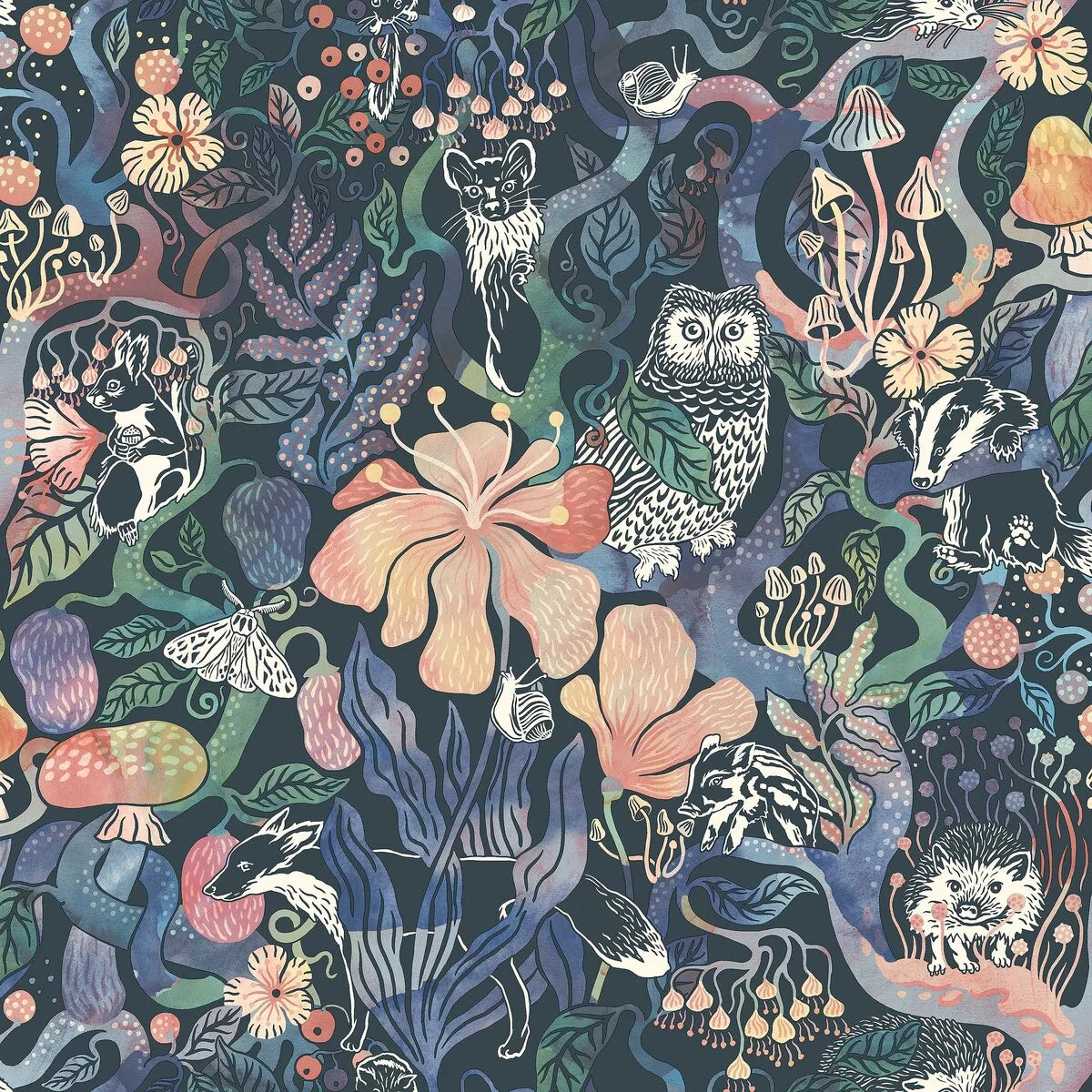 Tapete für Kinder mit dem Motiv des märchenhaften Waldes MAGIC WOODS blau mit rosa