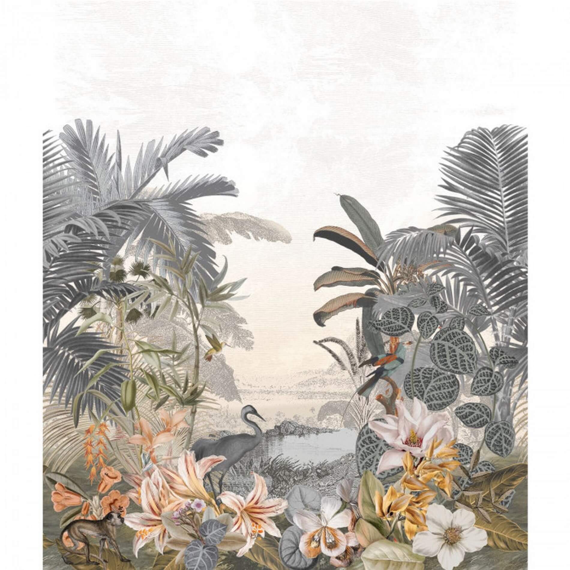 Textile mural with exotic landscape PARAIBA muted blue with beige