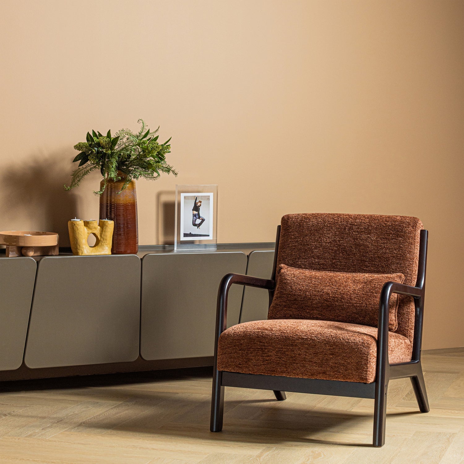 MARK Armchair in Brown Chenille with Black Base