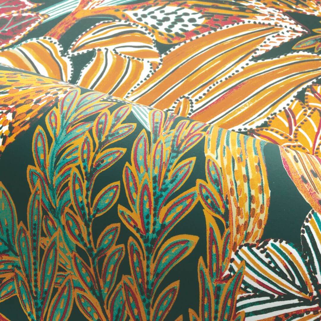 Vlies-Tapete mit Pflanzenmotiv BORROMMEE - PÉTROLE/MULTICO türkis mit grün