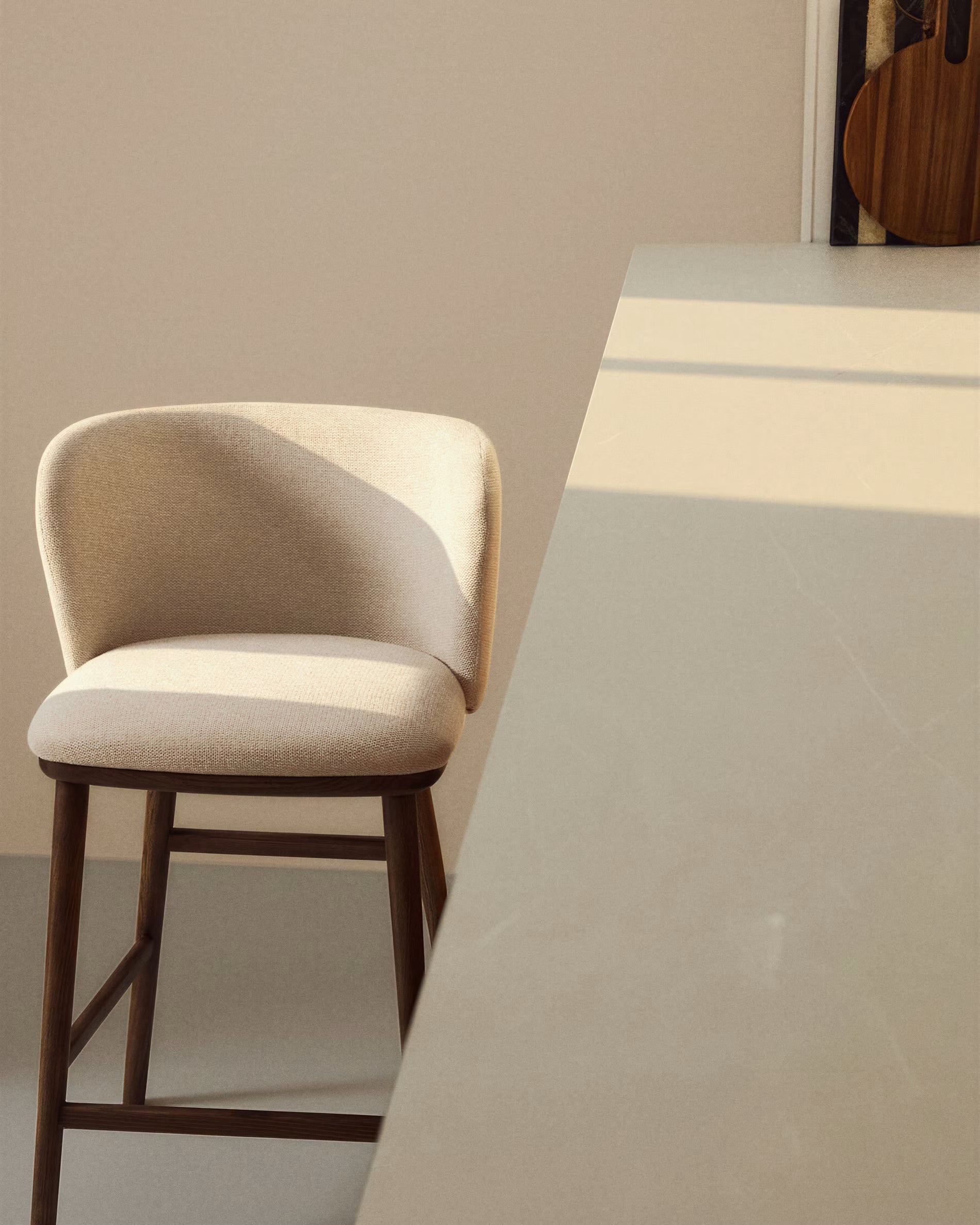 Bar Stool CISELIA beige chenille with dark ash base