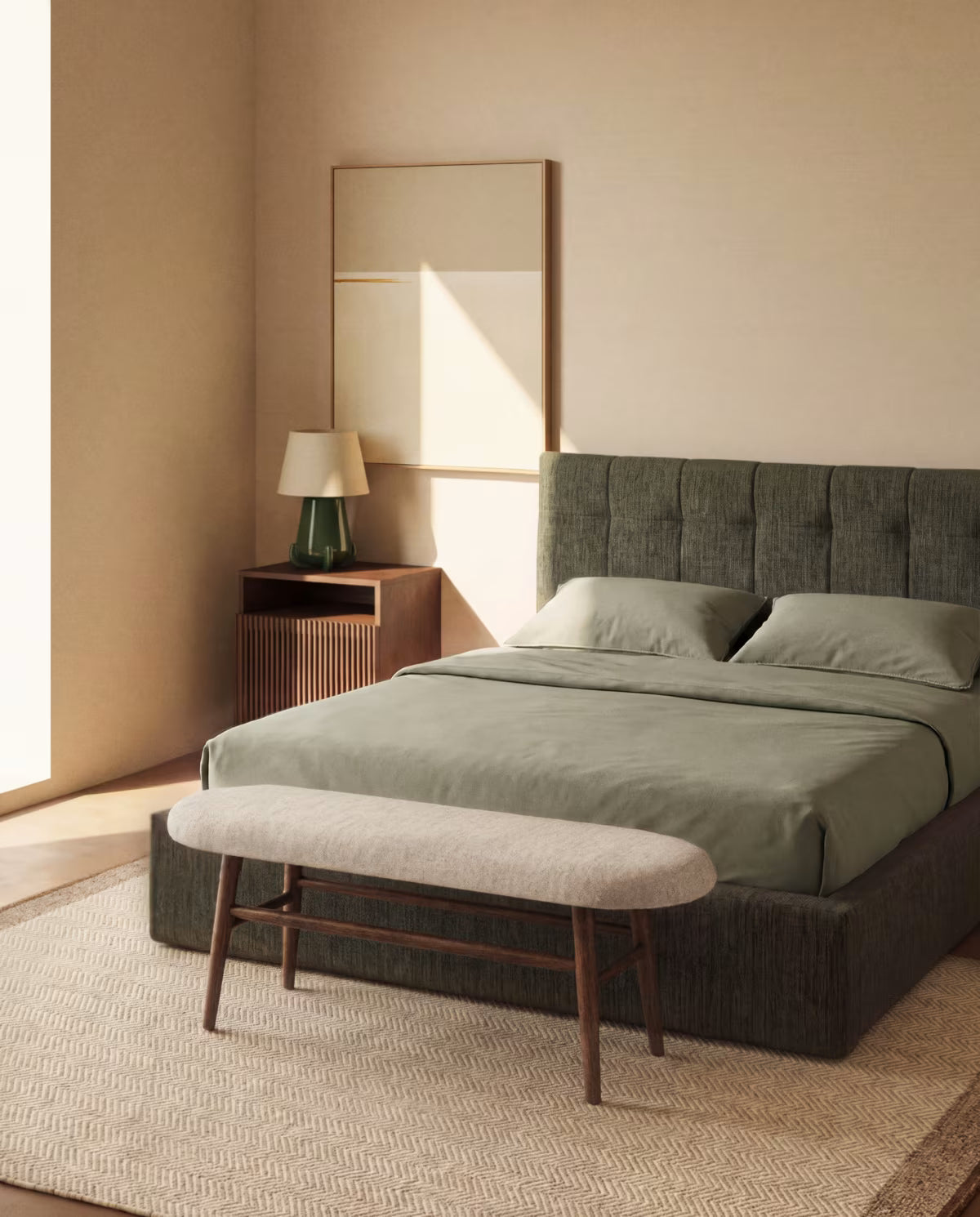 Bank HELDA in beige Chenille mit dunkler furnierter Eichenbasis