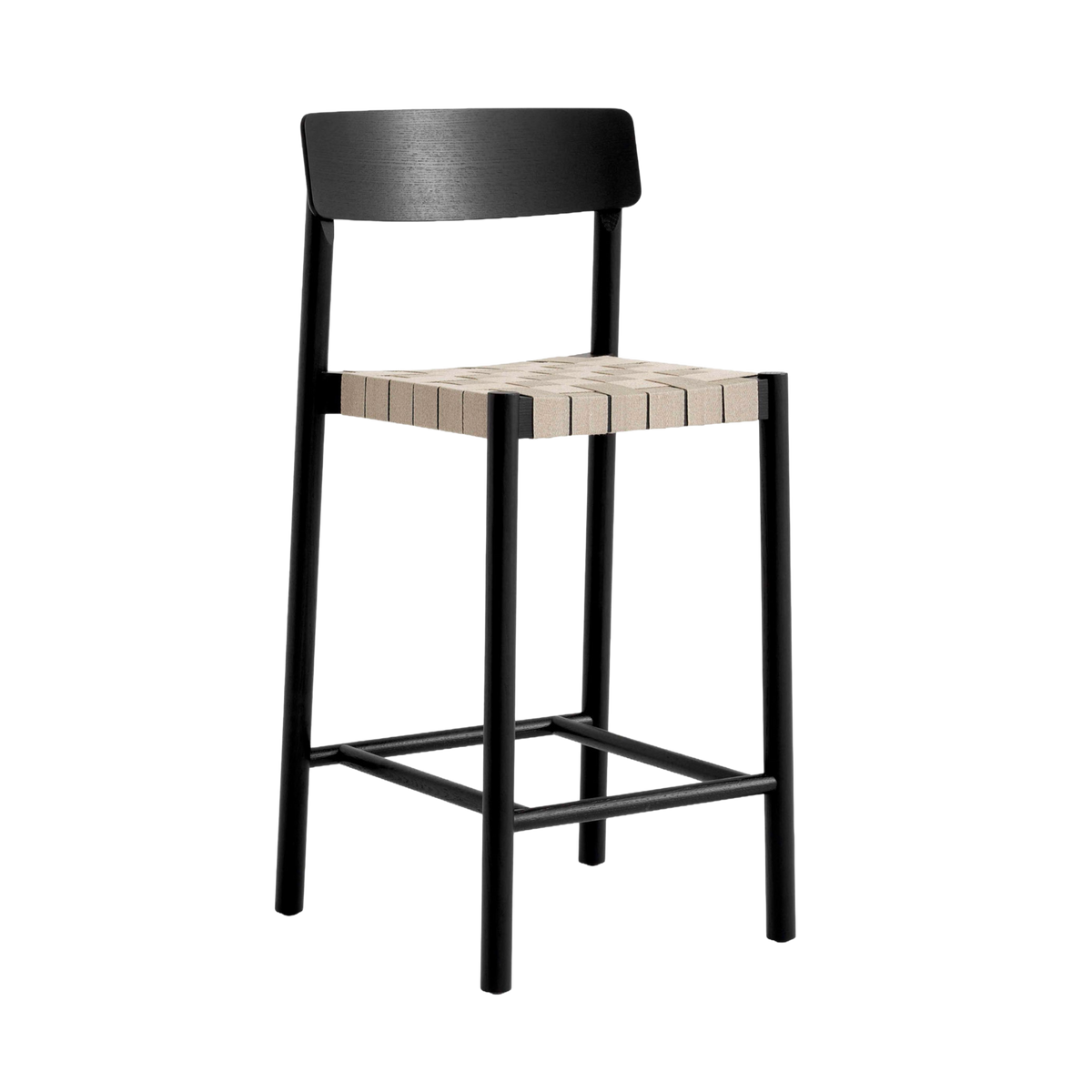 Hocker BETTY mit beigem, gewebtem Sitz aus schwarz lackiertem Eschenholz