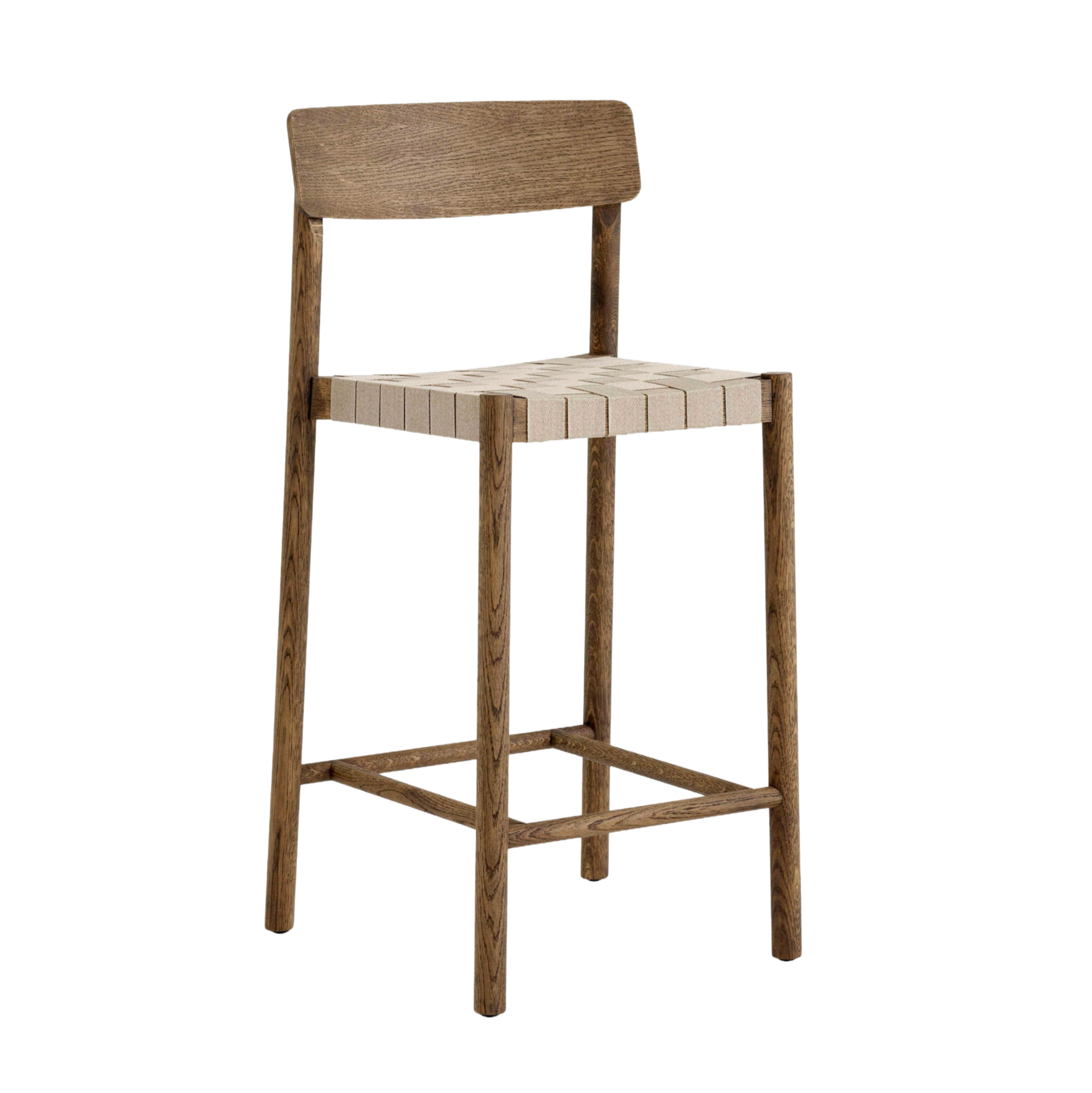 Hocker BETTY mit beigem, gewebtem Sitz aus rauchgeöltem Eichenholz