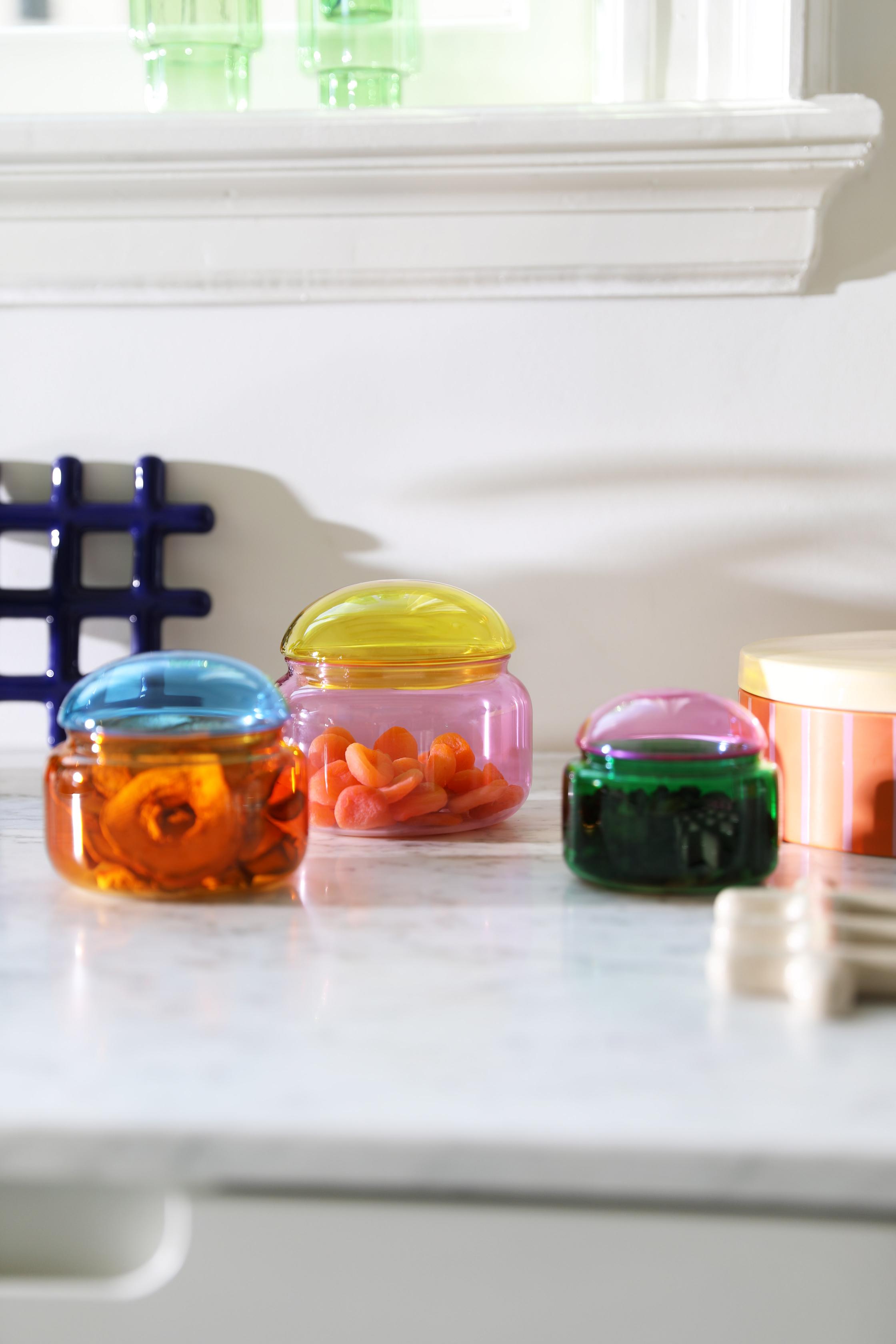 Glass container PUFFY green with pink lid