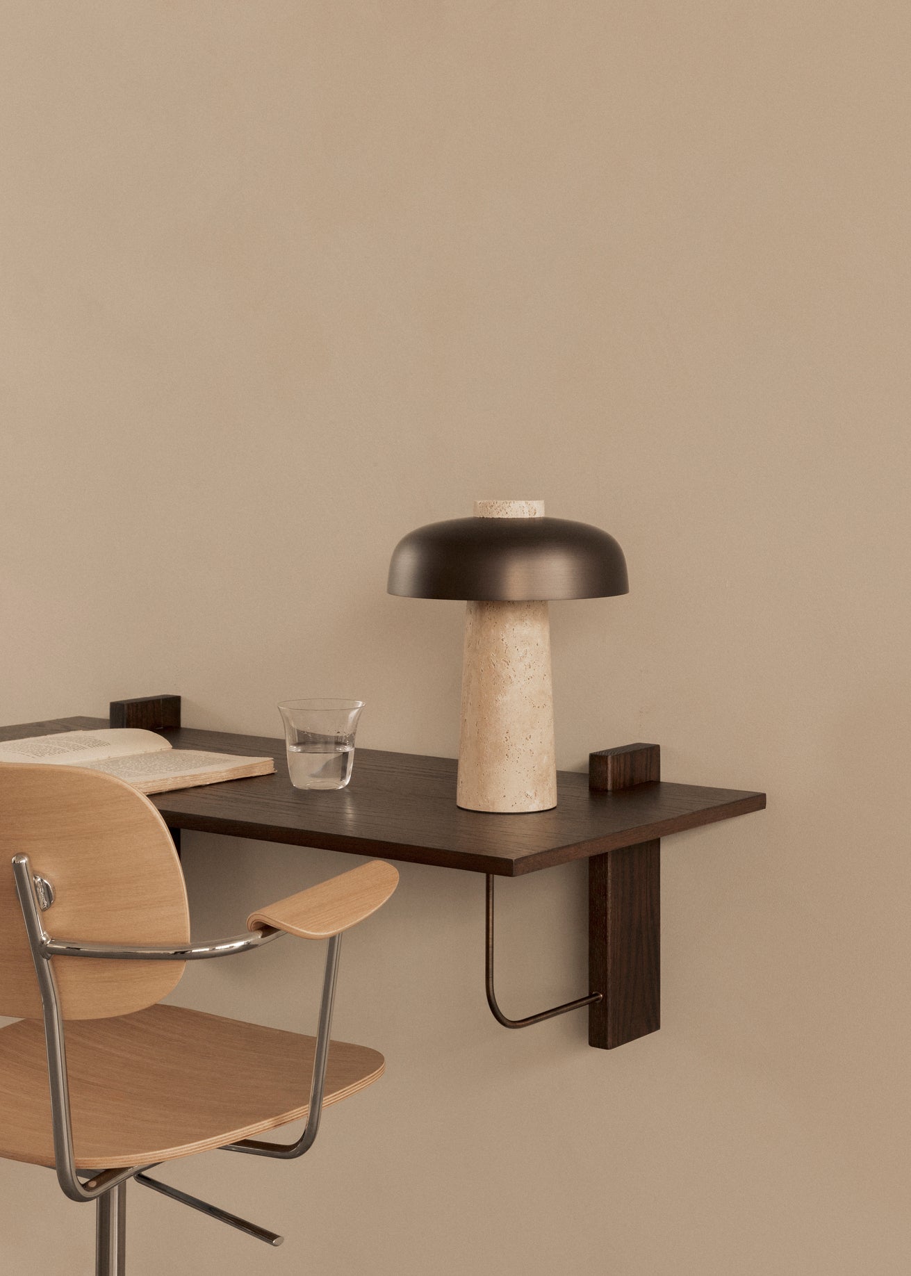 REVERSE table lamp with a brown shade and a stone base