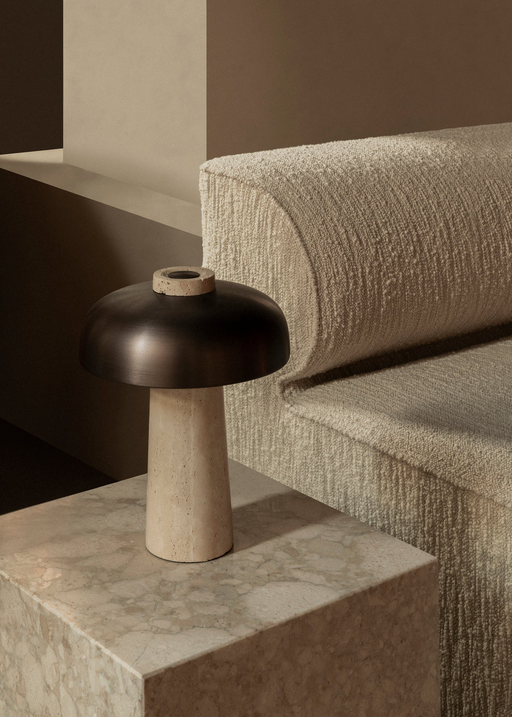 REVERSE table lamp with a brown shade and a stone base