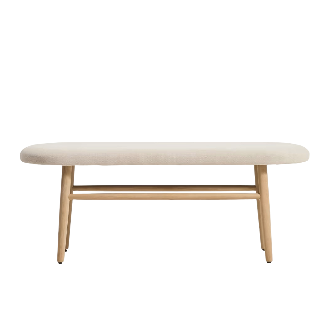 Bank HELDA in beige Chenille mit einer furnierten Eichenbasis