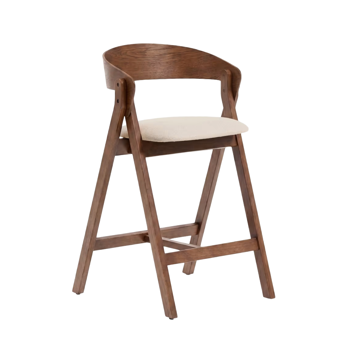 Barhocker GODIA in beigem Chenille mit dunkler furnierter Eichenbasis