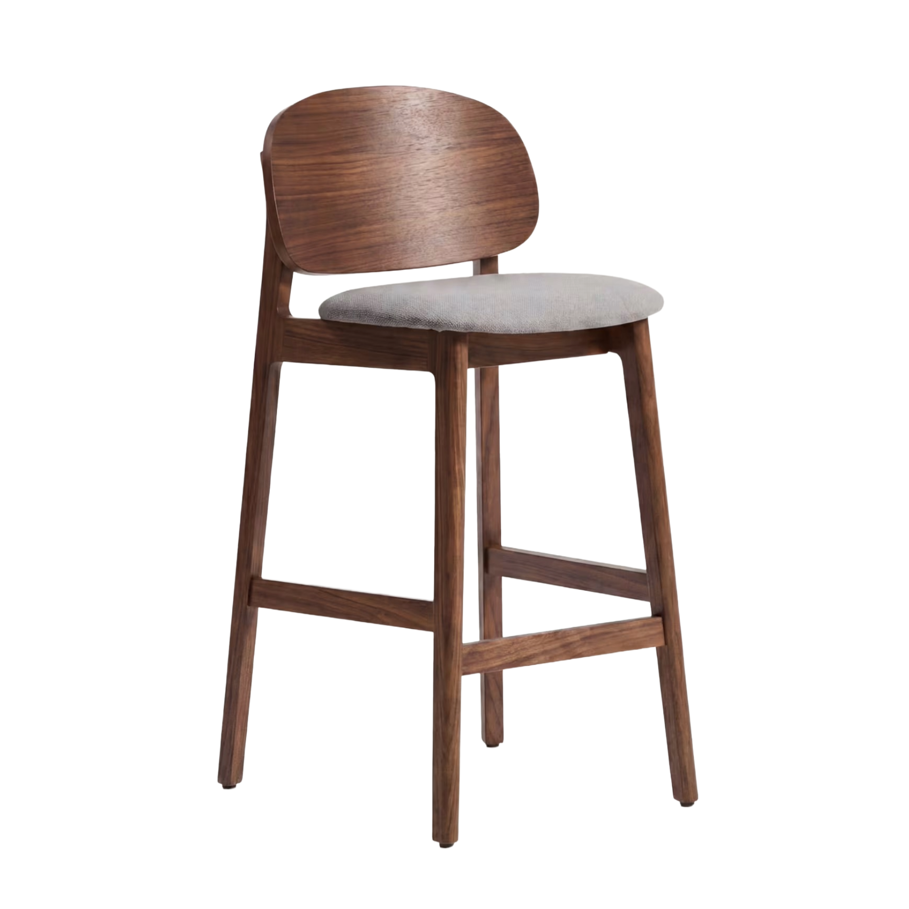 Barhocker LUDARA aus braunem Chenille mit einem dunklen furnierten Eichenfuß.