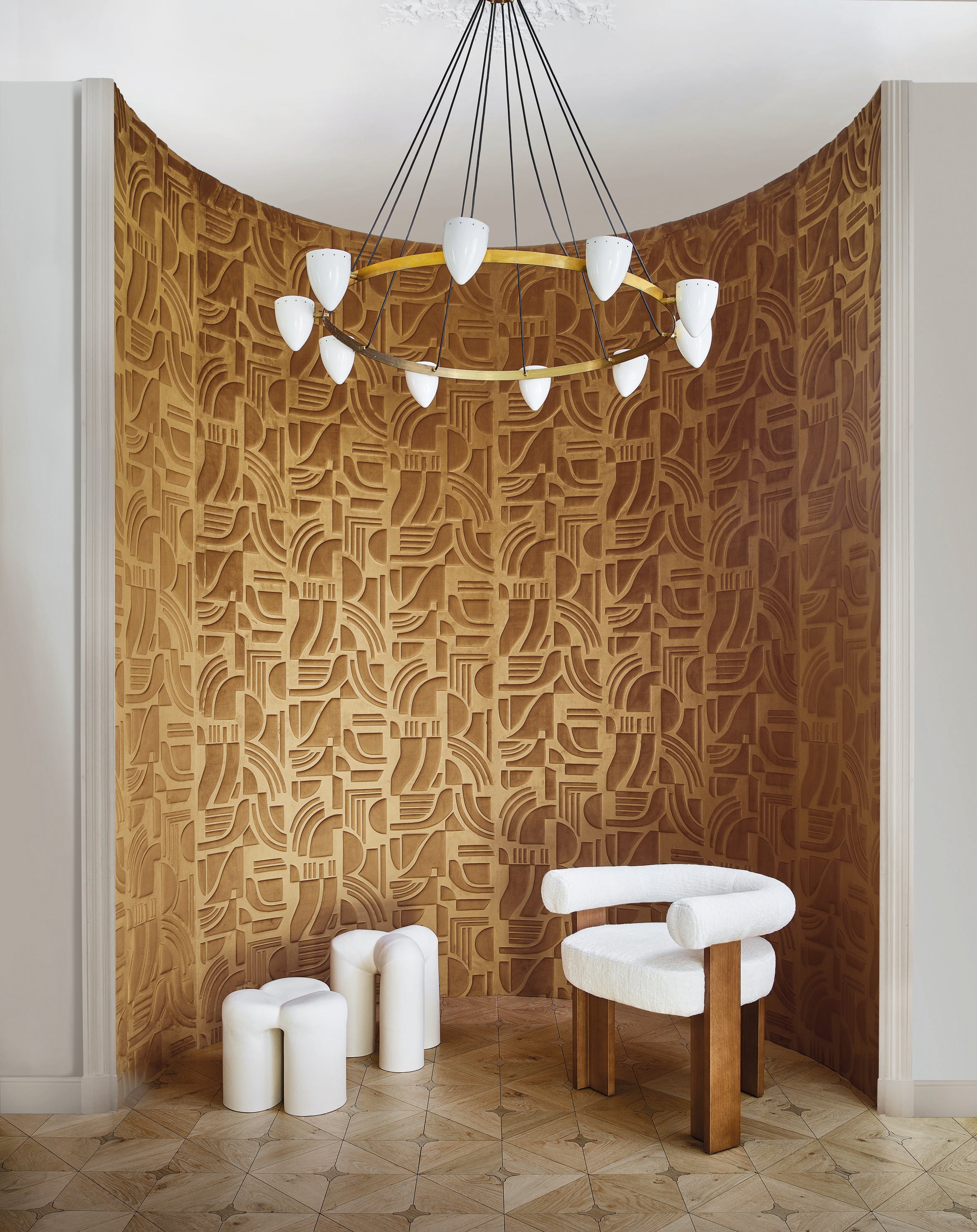 Textured textile wallpaper with a geometric pattern ARCANE - AMBRE amber