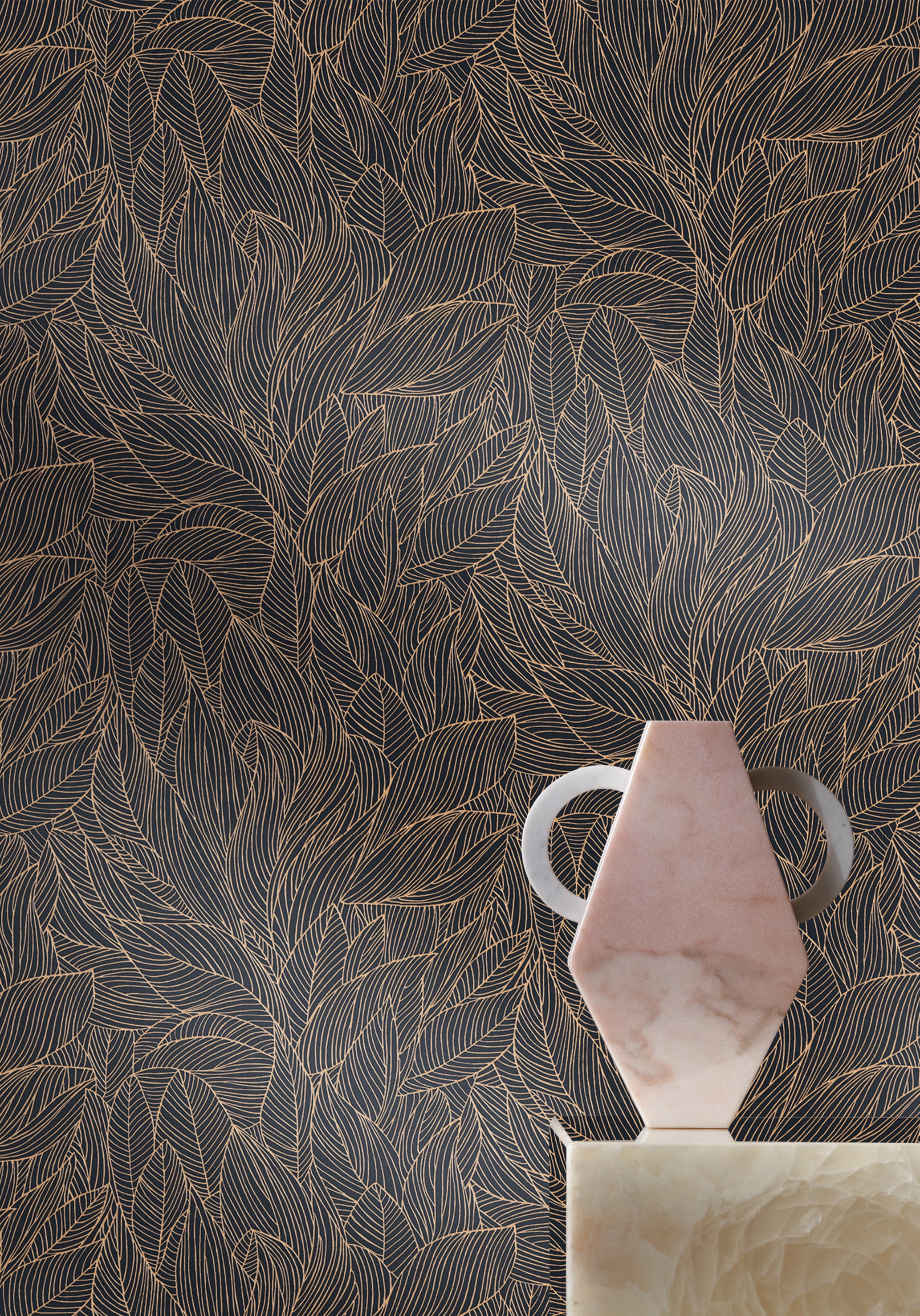 Non-woven wallpaper with a plant motif HOSTA - NOIR/DORÉ black with gold