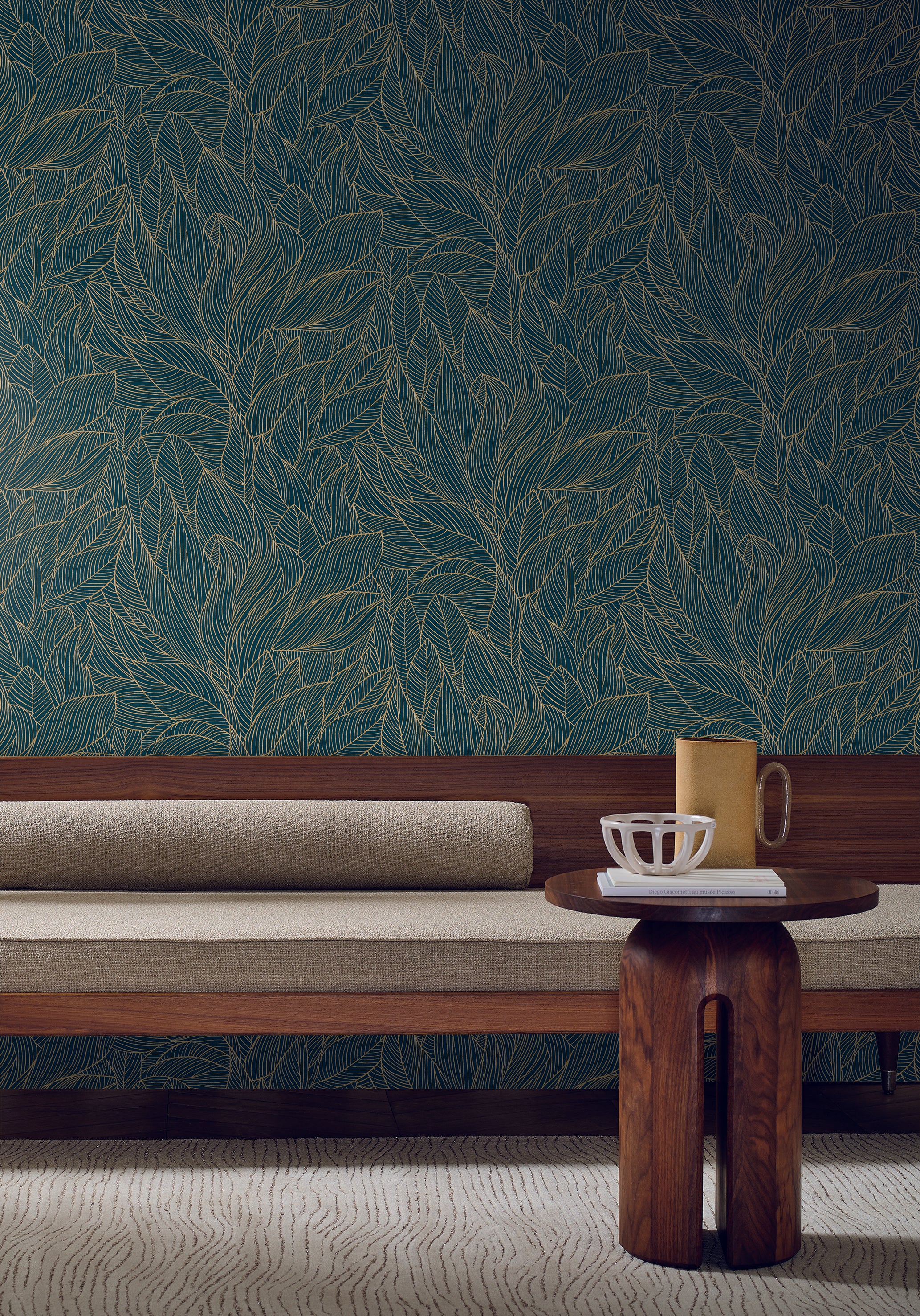 Non-woven wallpaper with a plant motif HOSTA - MARINE/DORÉ dark green with gold