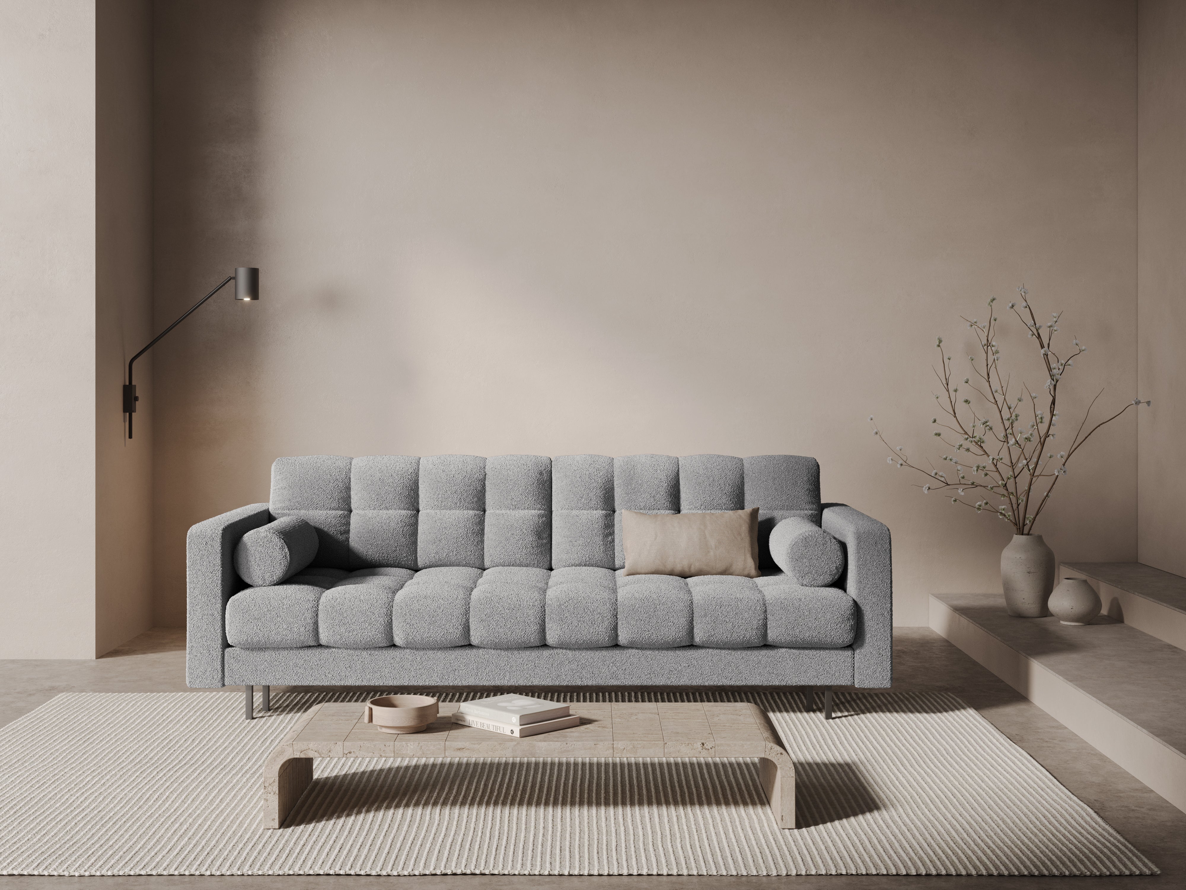 3-Sitzer-Sofa mit Schlaffunktion BALI hellgraues Bouclé mit schwarzem Untergestell
