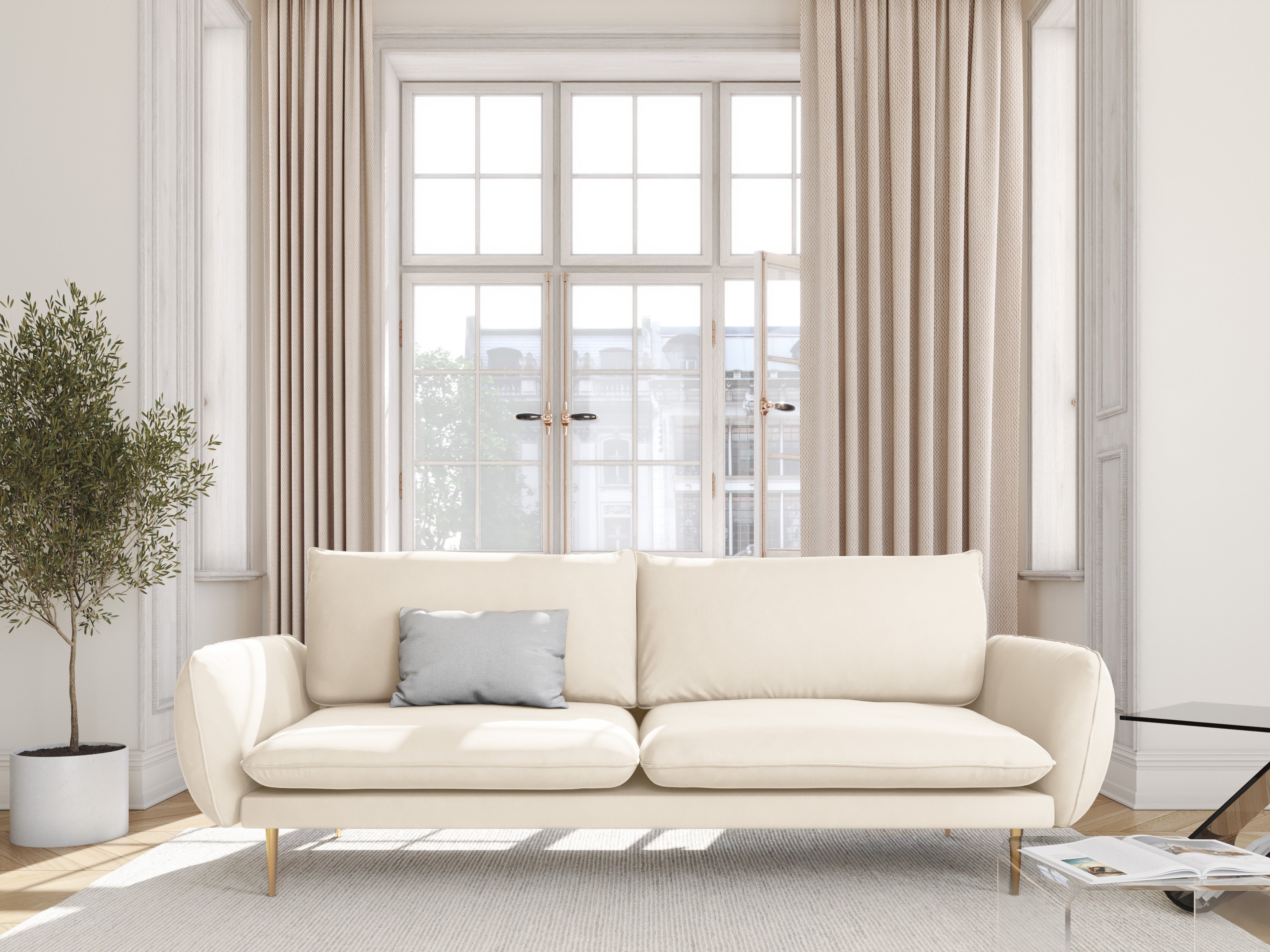 Velvet 3-seater Sofa VIENNA beige with a gold base