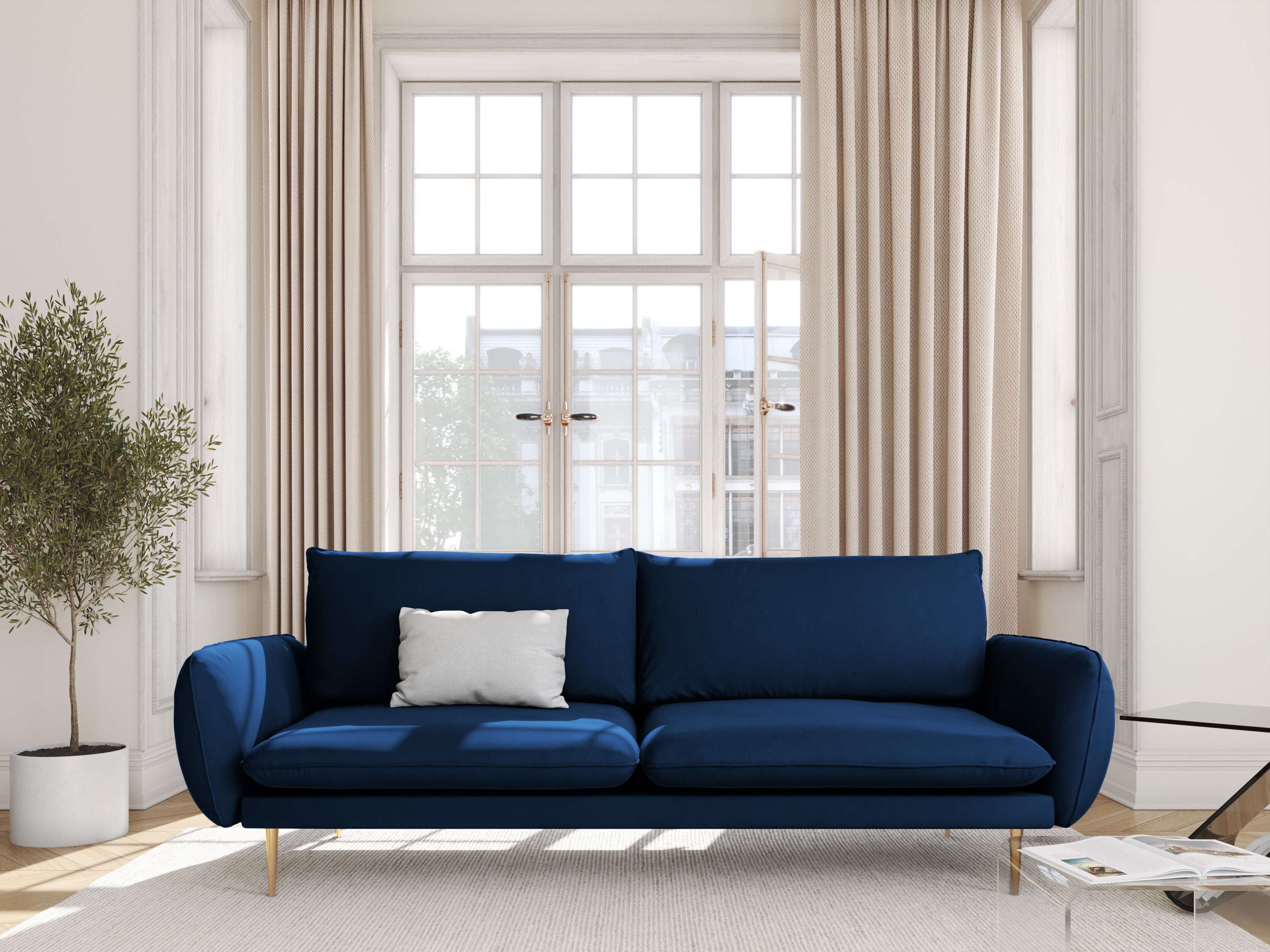 Velvet sofa 3-seater VIENNA royal blue with gold base